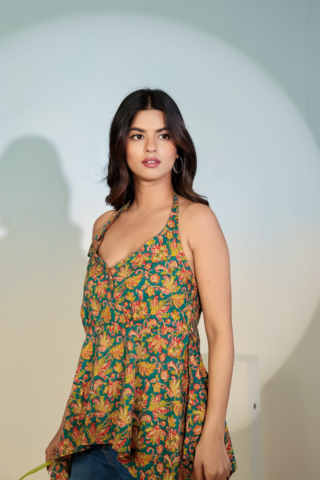Teal Floral Halter Neck Top