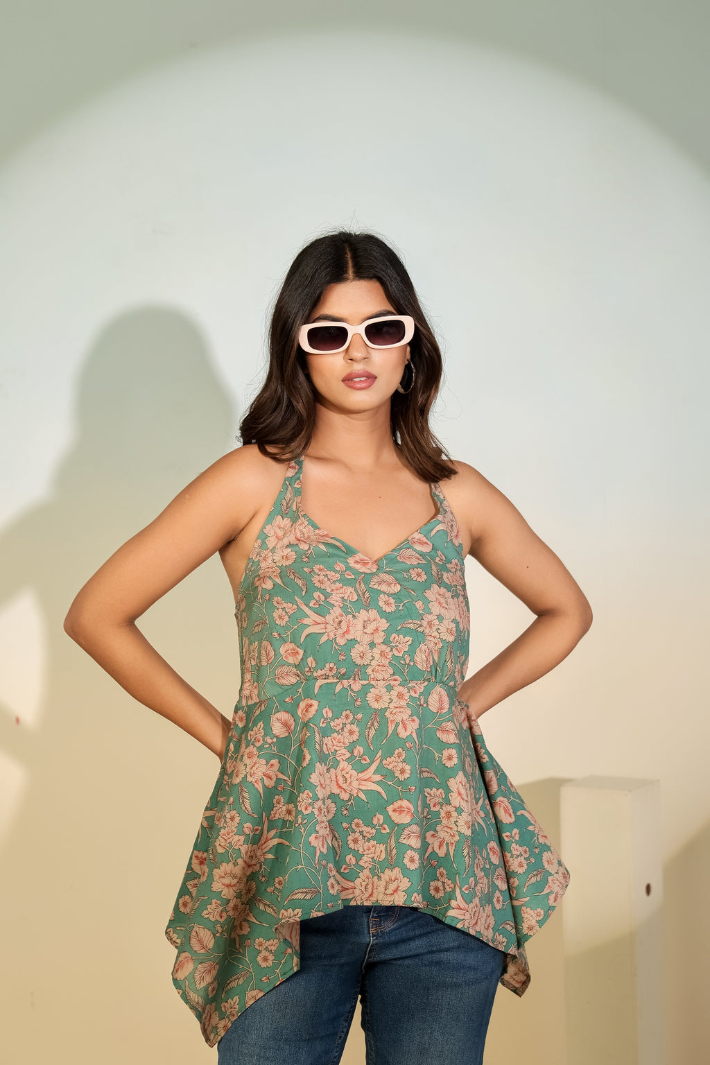 Teal Floral Halter Neck Top