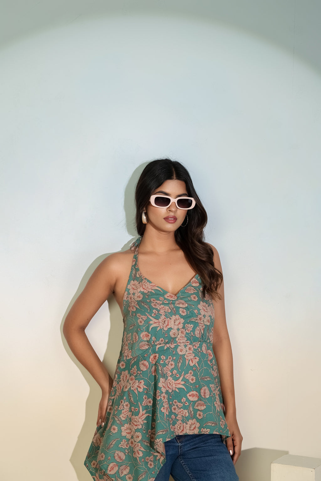 Teal Floral Halter Neck Top