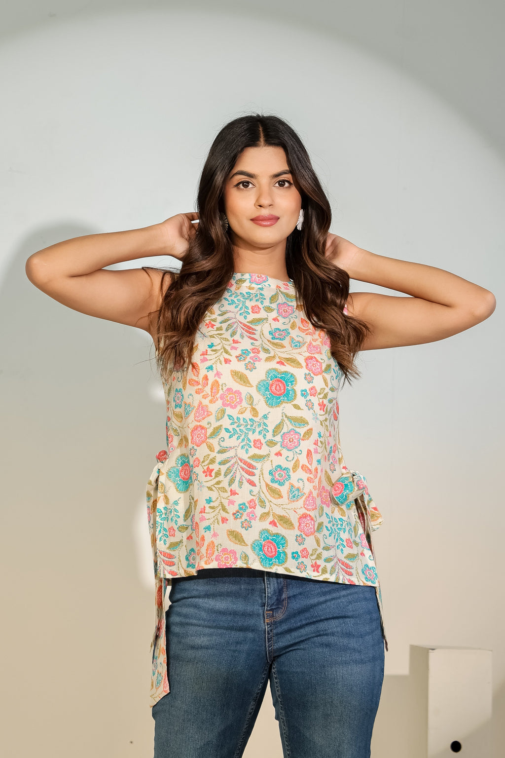 Beige Floral Sleeveless Tie-Up Top