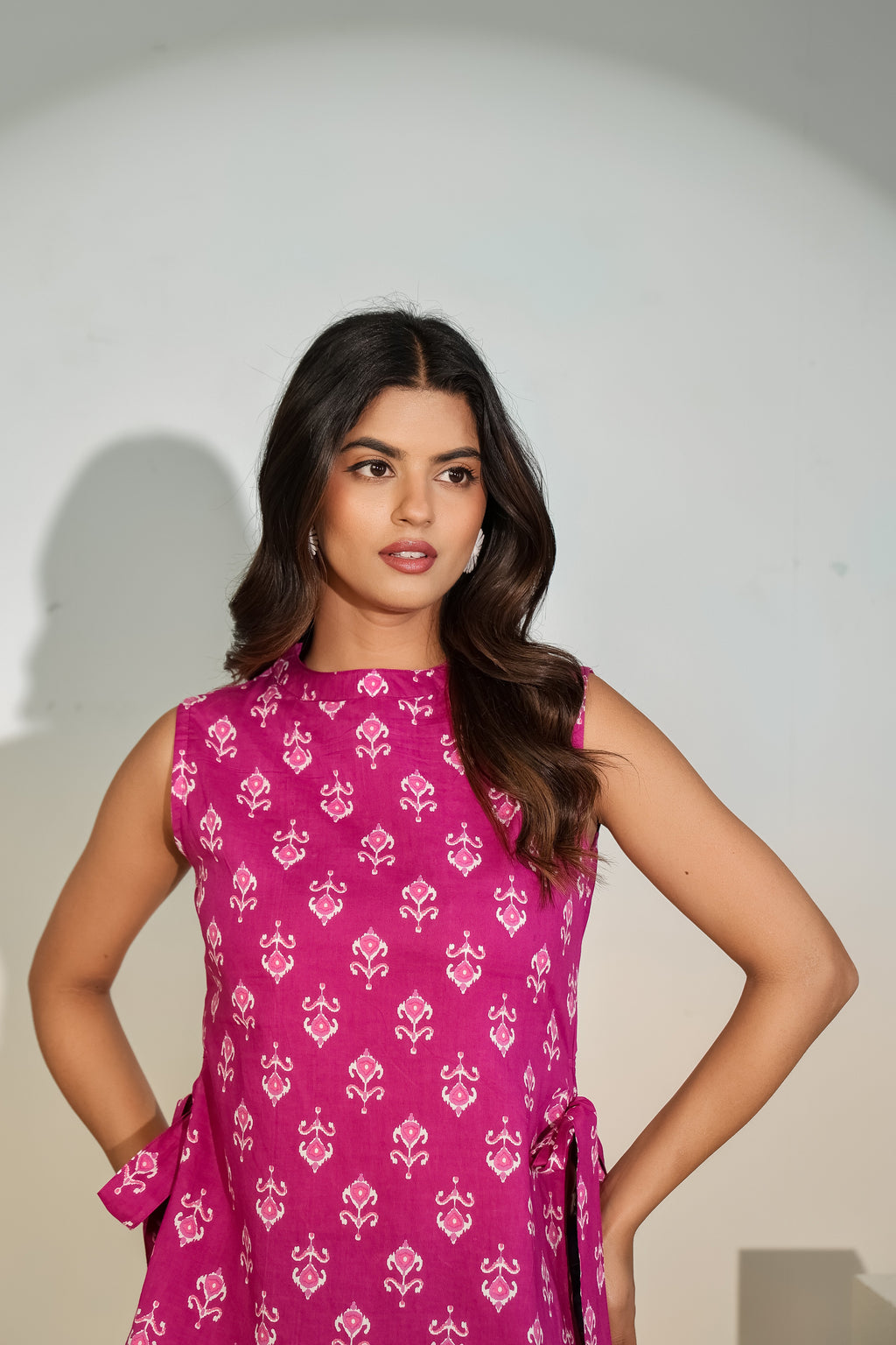 Magenta Printed Sleeveless Tie-Up Top