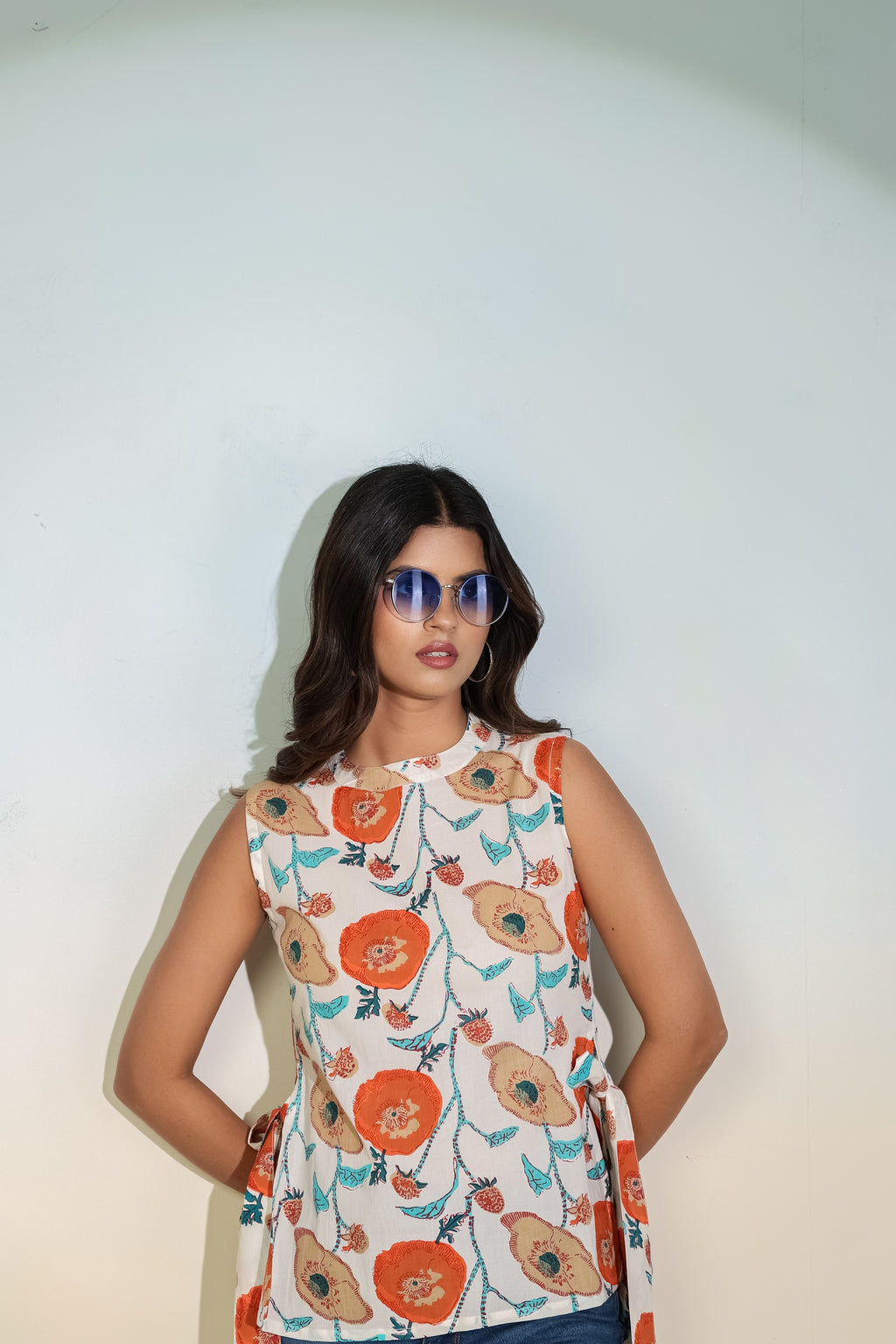 Beige Floral Sleeveless Tie-Up Top