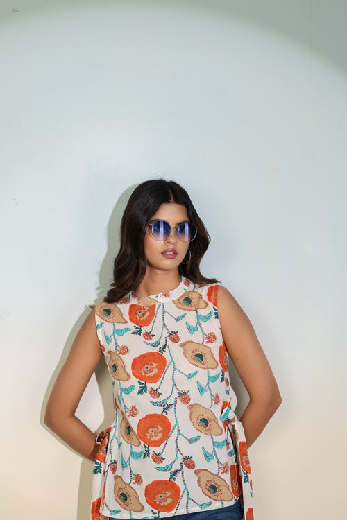 Beige Floral Sleeveless Tie-Up Top