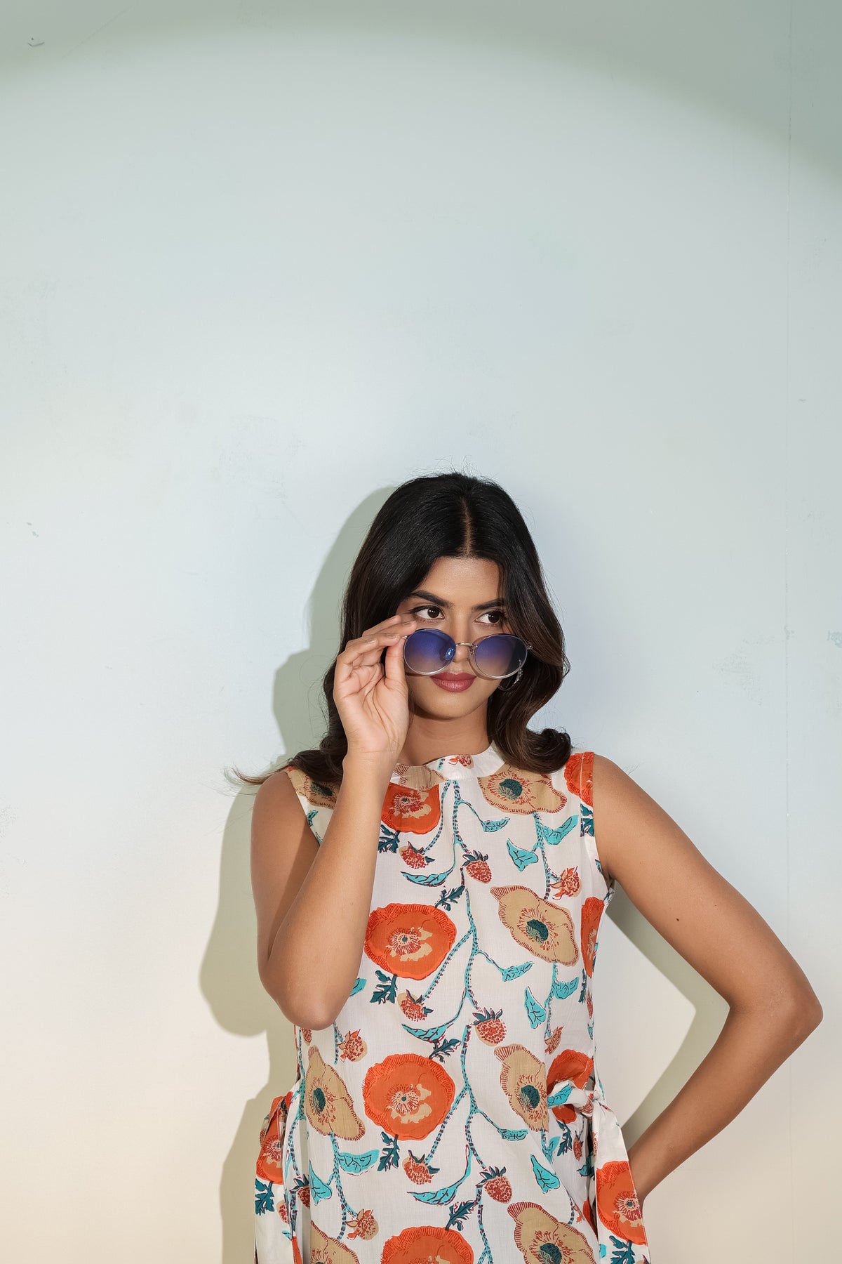 Beige Floral Sleeveless Tie-Up Top