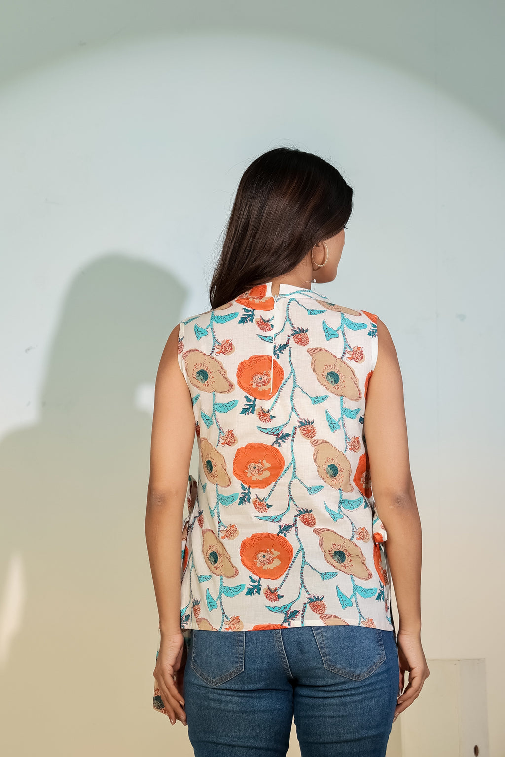 Beige Floral Sleeveless Tie-Up Top