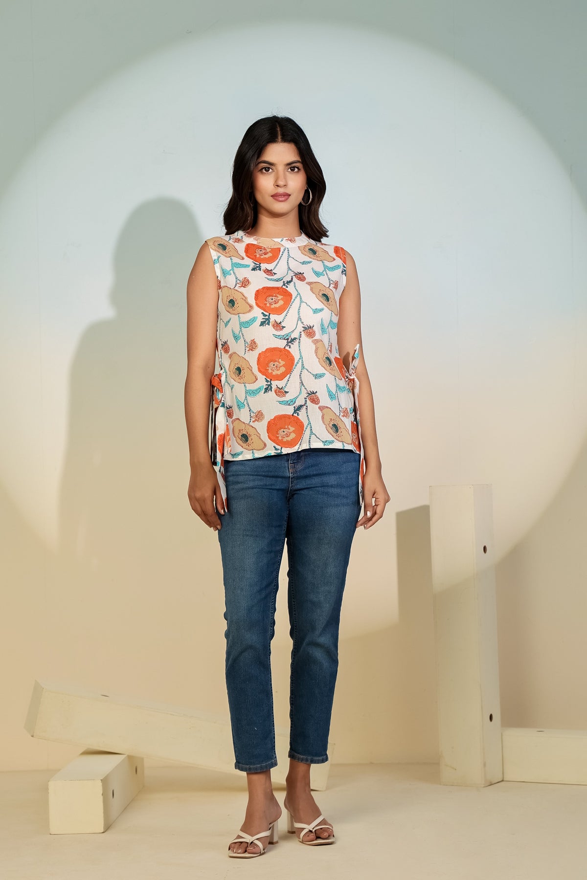 Beige Floral Sleeveless Tie-Up Top