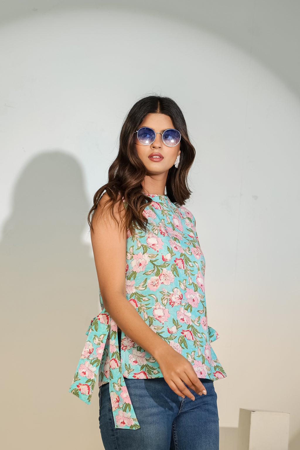 Aqua Floral Sleeveless Tie-Up Top