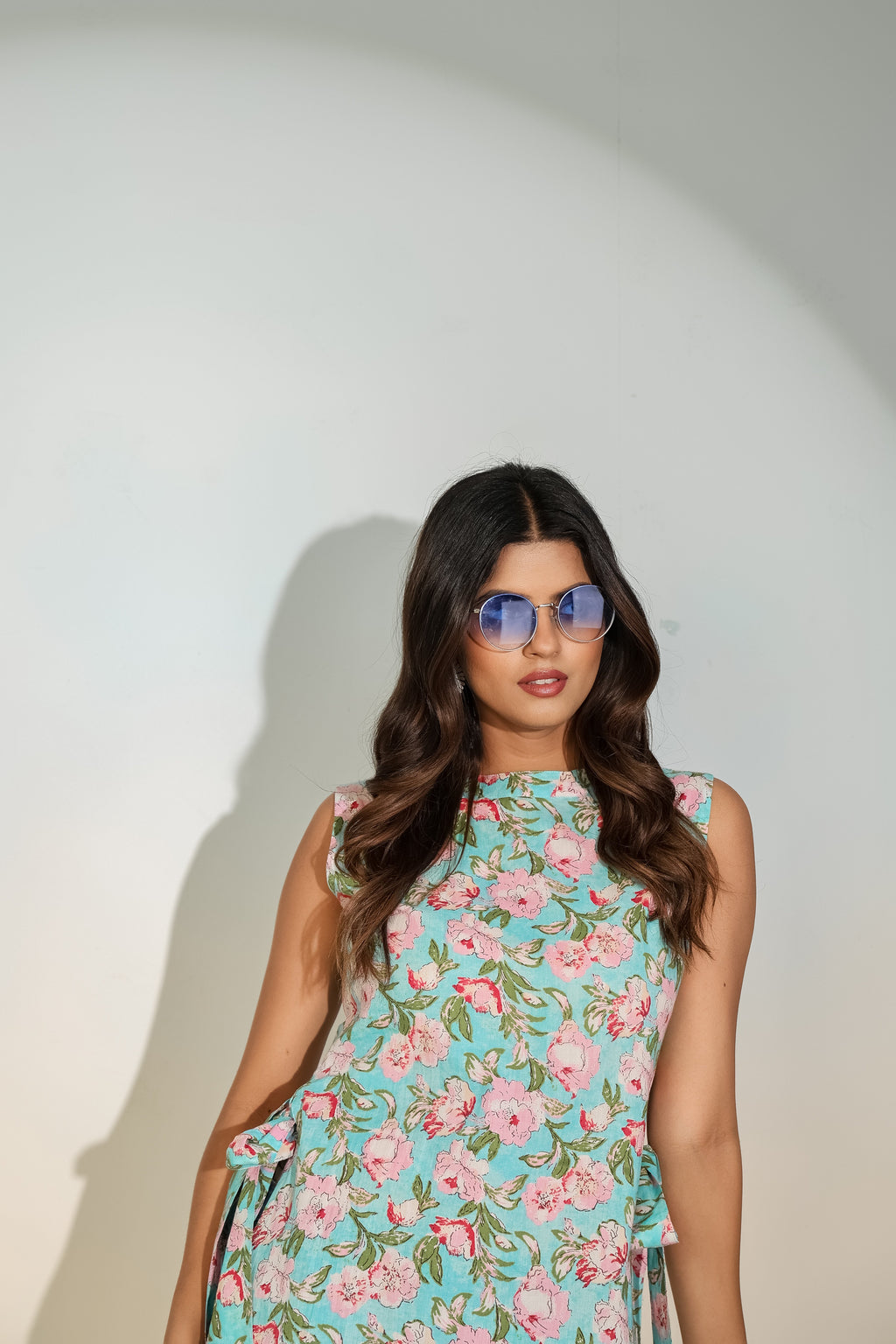 Aqua Floral Sleeveless Tie-Up Top