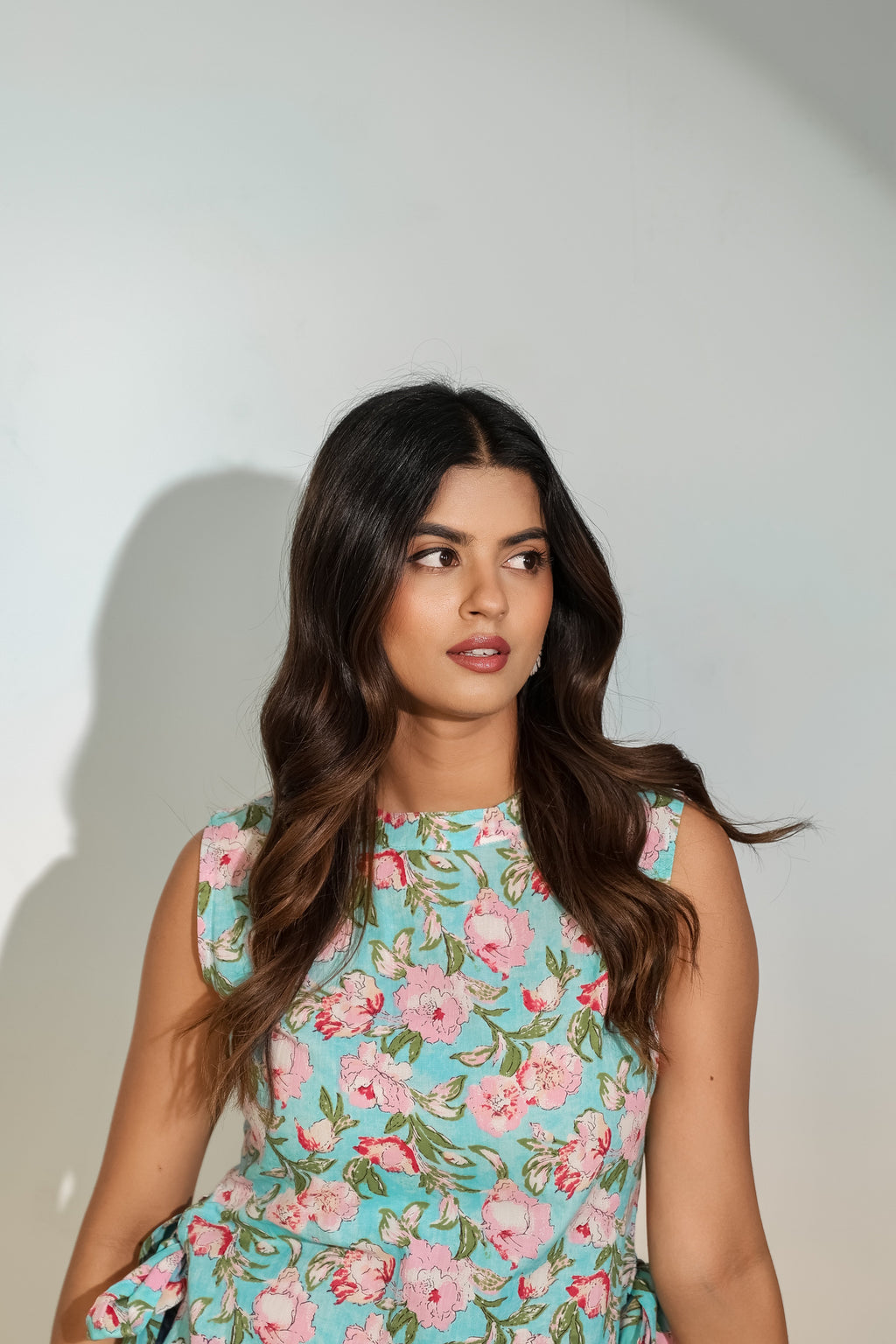 Aqua Floral Sleeveless Tie-Up Top