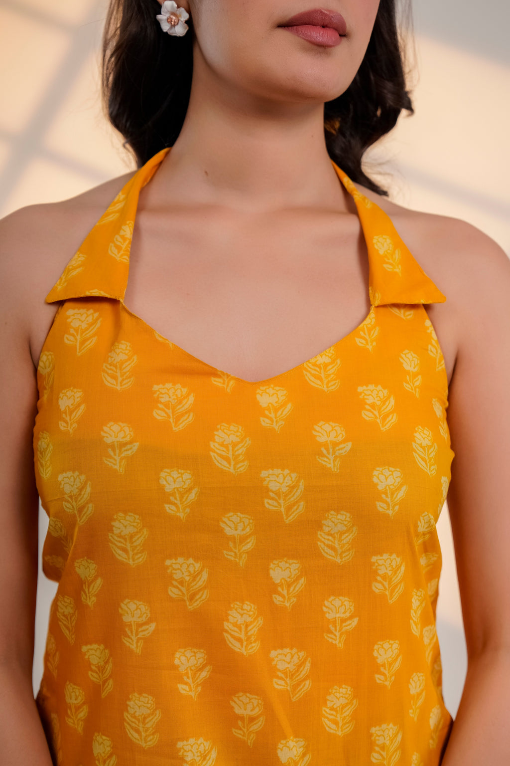 Mustard Printed Halter Neck Top
