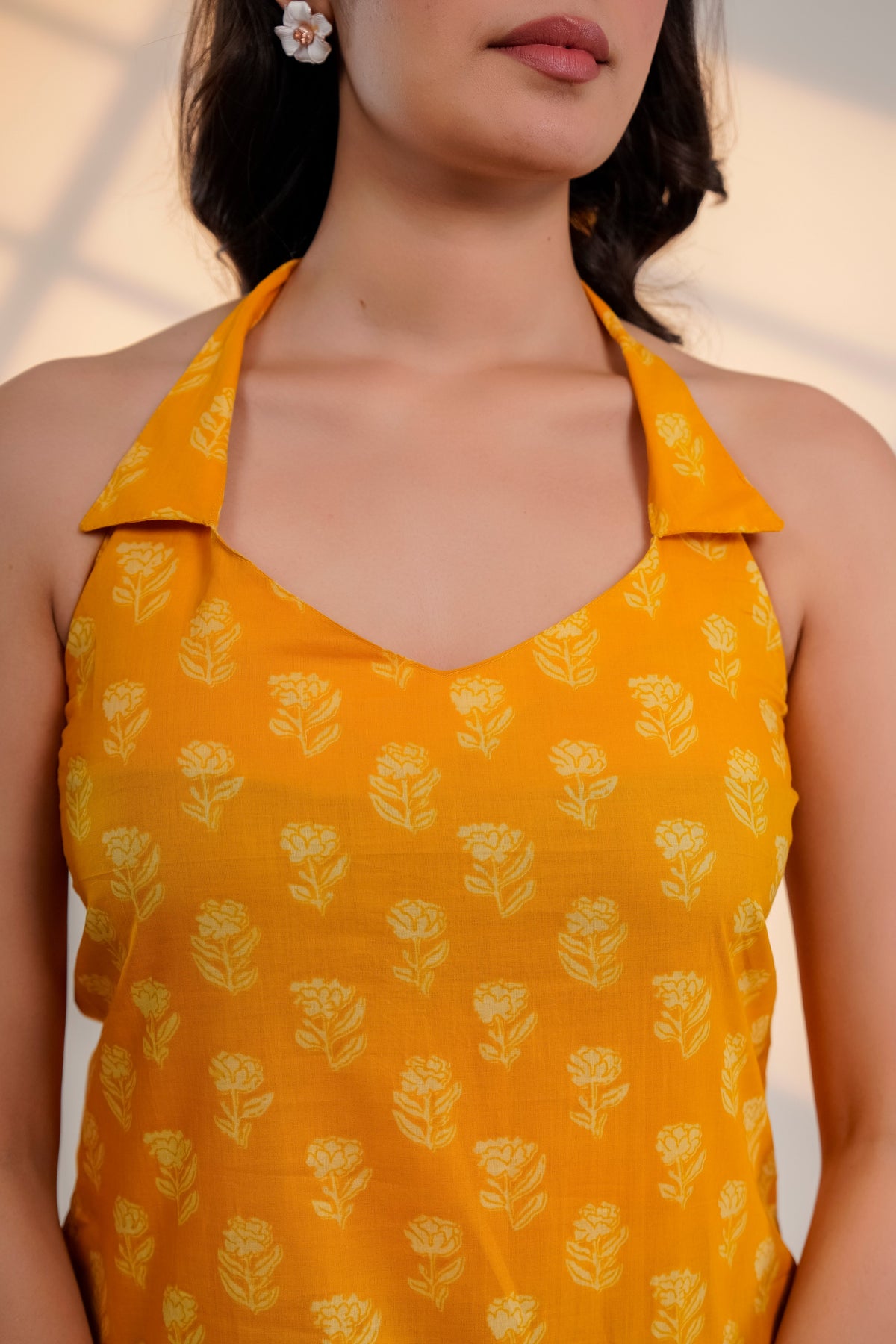Mustard Printed Halter Neck Top