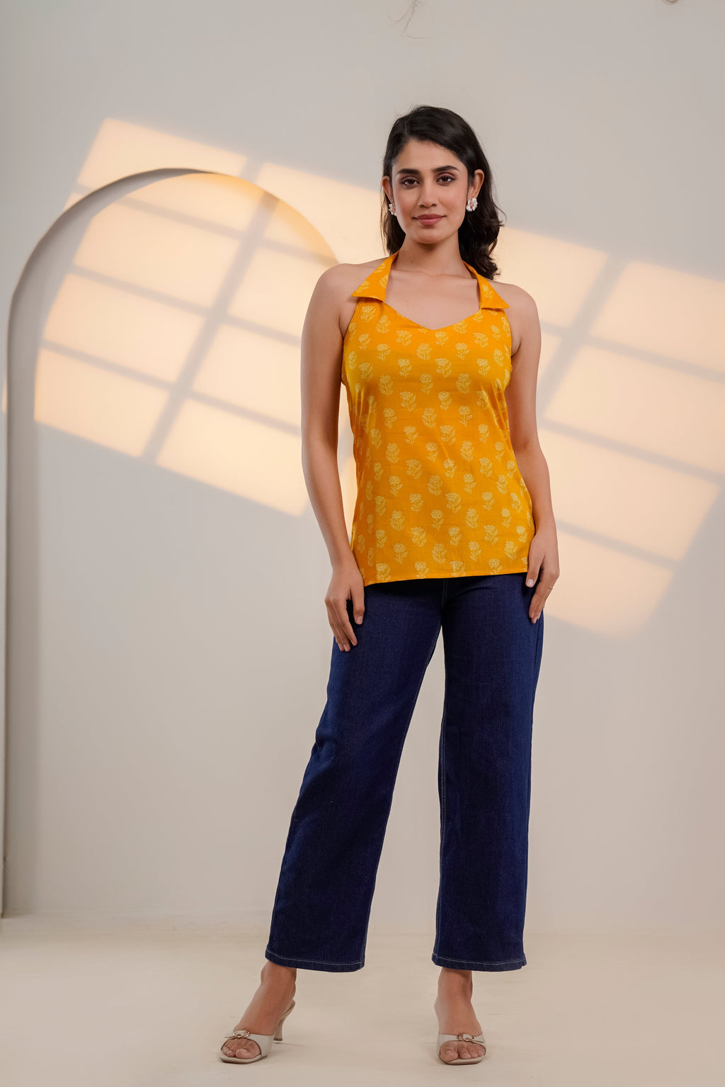 Mustard Printed Halter Neck Top