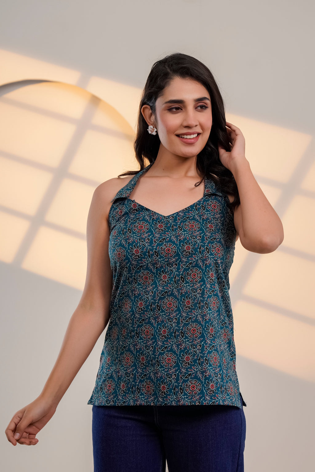 Teal Printed Halter Neck Top