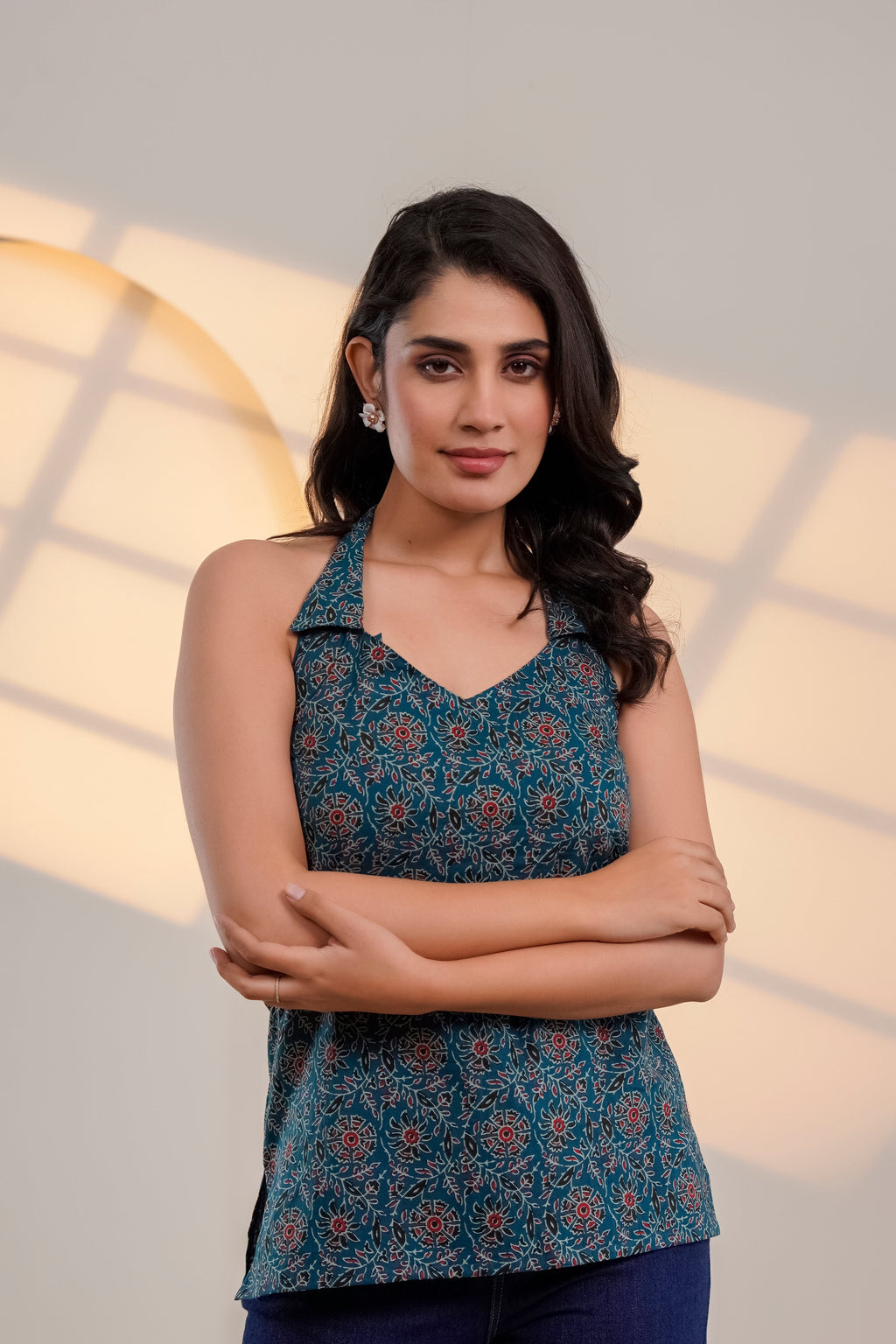 Teal Printed Halter Neck Top