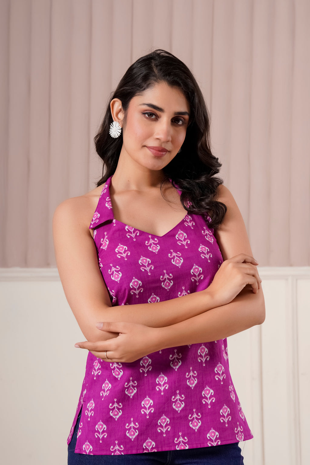 Magenta Printed Halter Neck Top