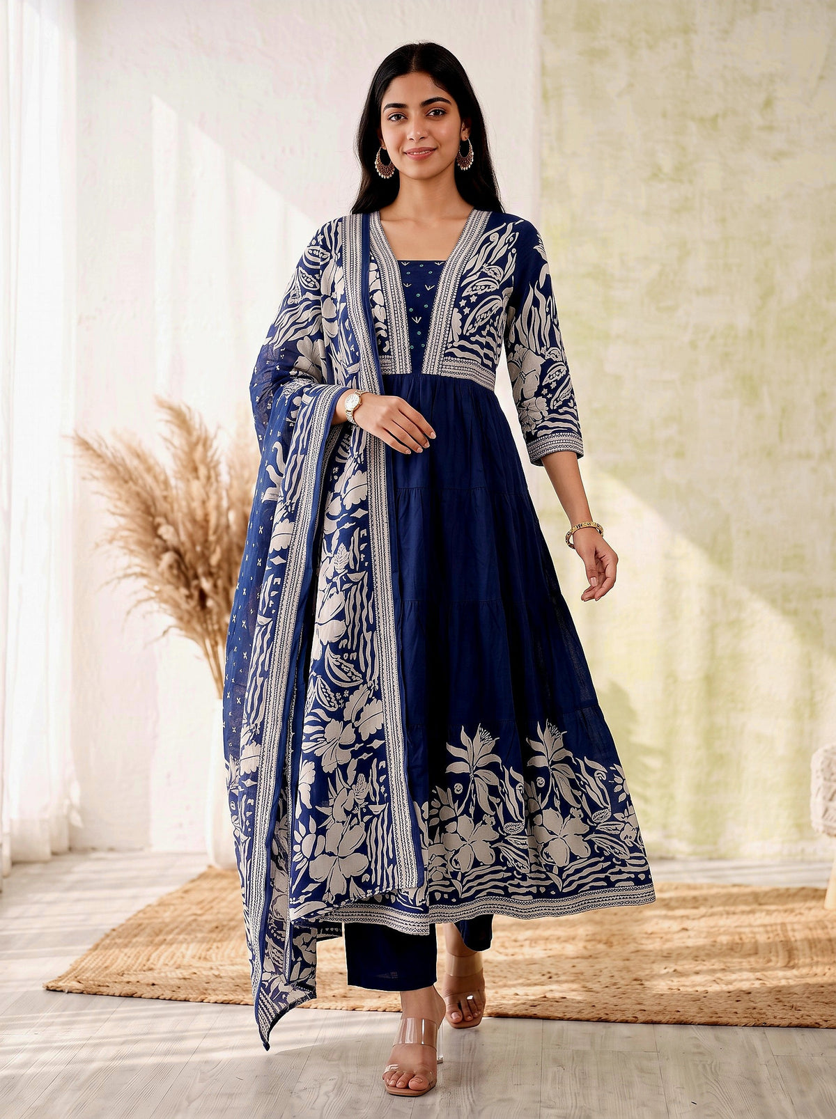 Midnight Bloom – Navy Blue Printed Anarkali Kurta Pant with Dupatta Set