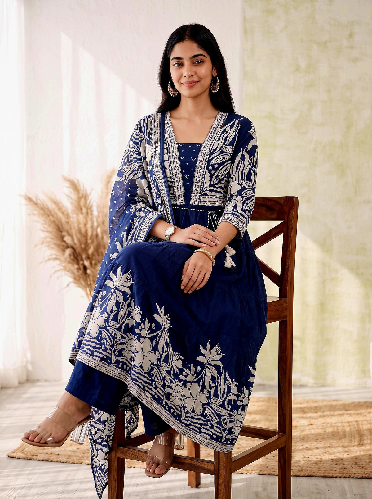 Midnight Bloom – Navy Blue Printed Anarkali Kurta Pant with Dupatta Set