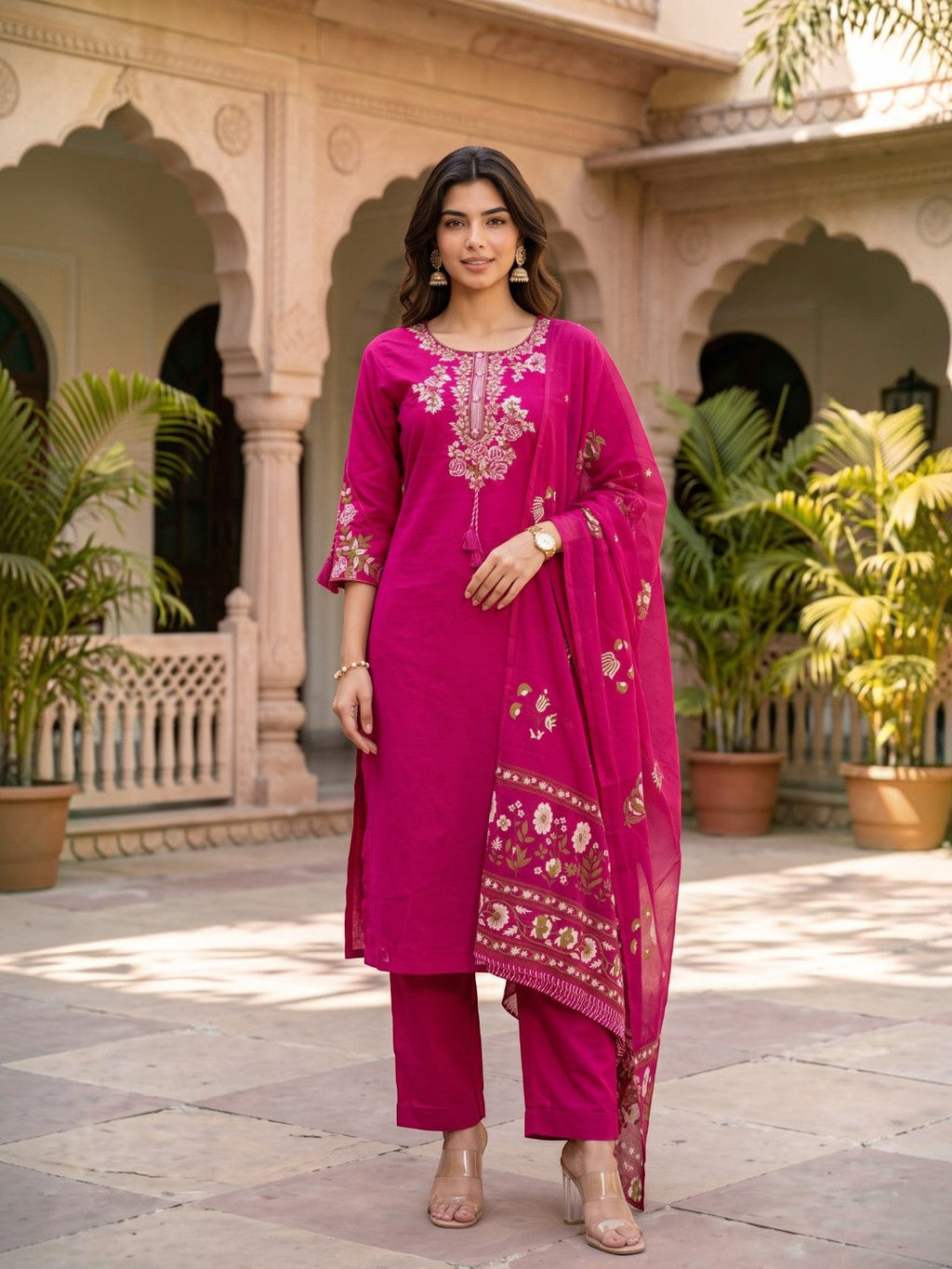 Fuchsia Bloom – Embroidered Straight Kurta Pant with Dupatta Set