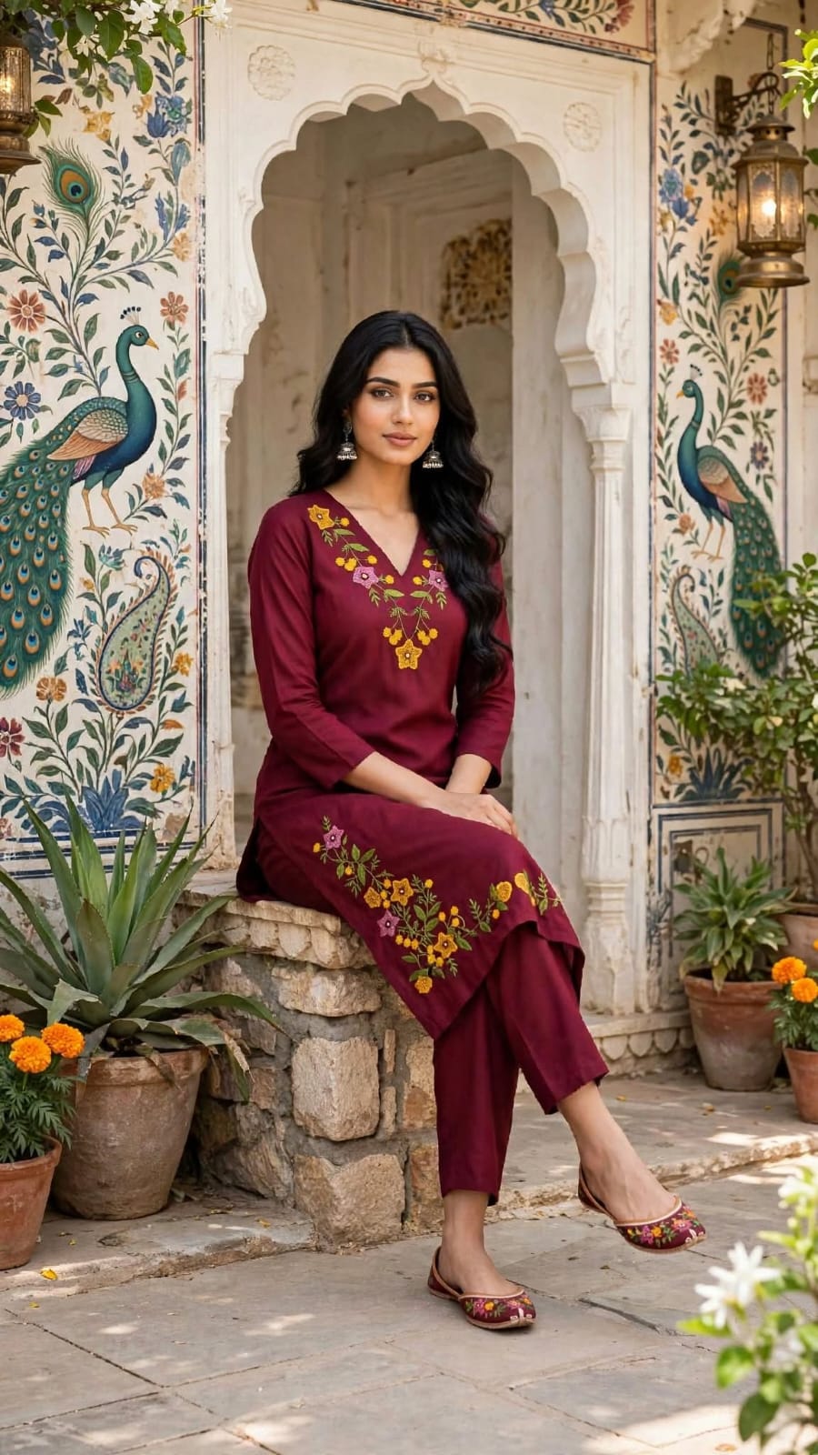 Woman wearing a wine red floral embroidered kurta set with trousers