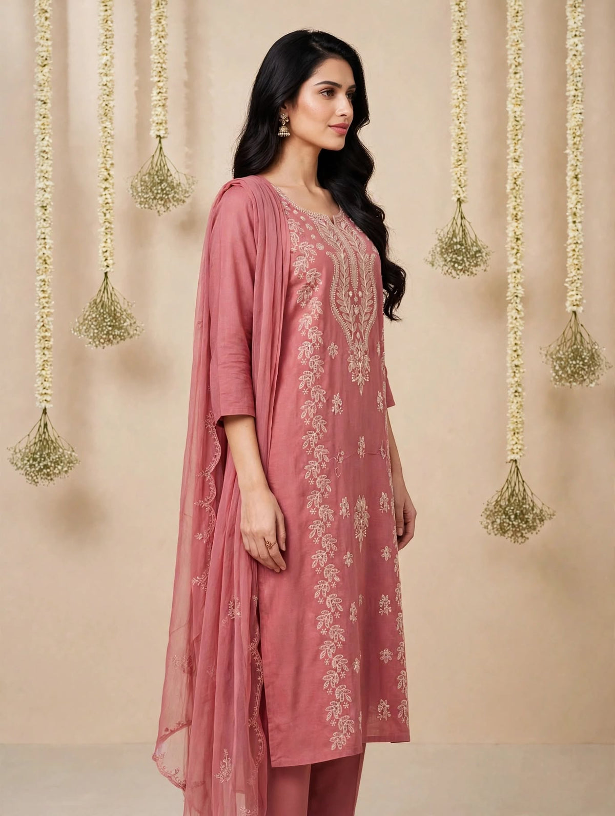 Woman wearing a dusty rose embroidered kurta set with dupatta