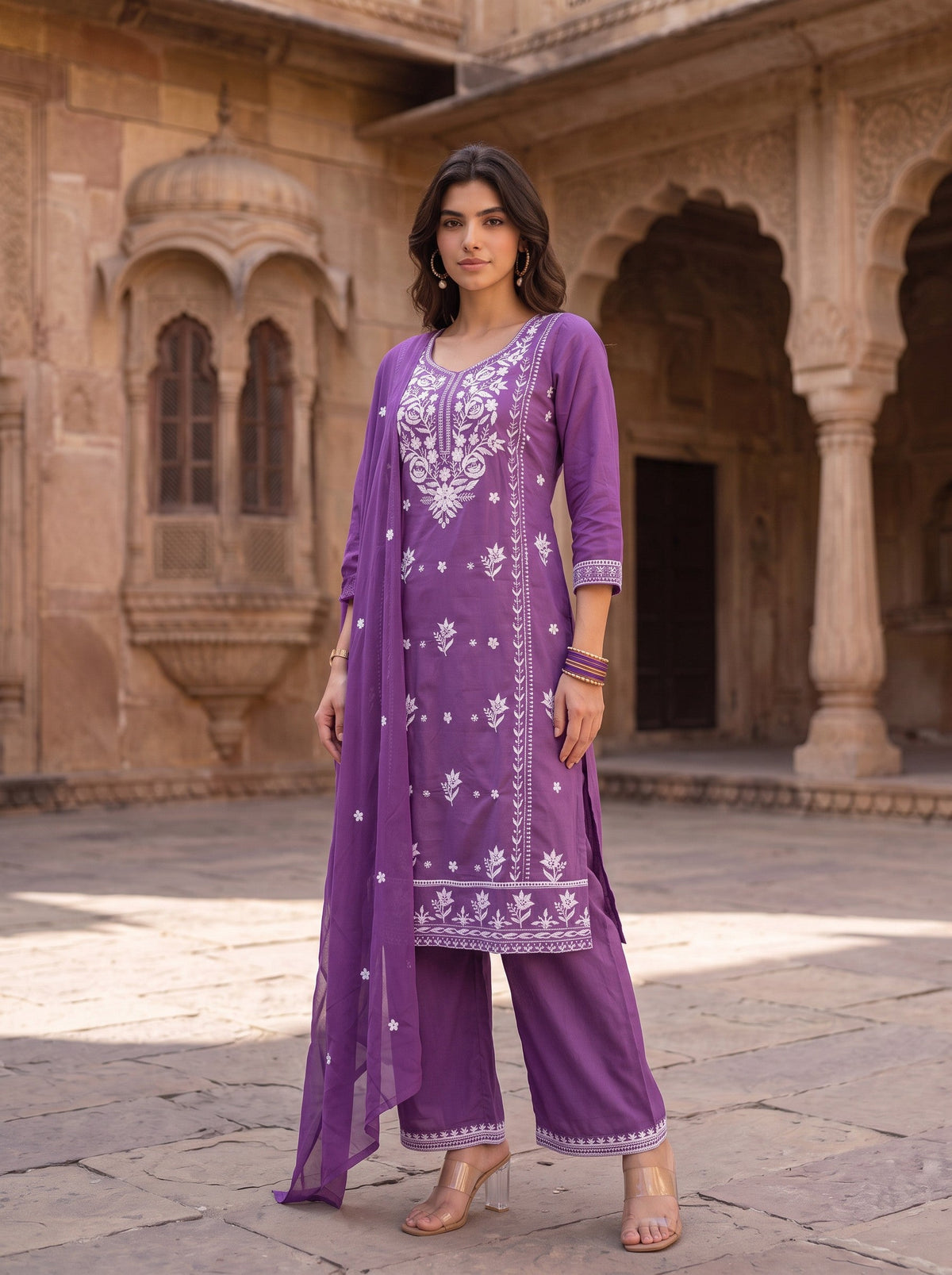 Royal Lavender – Embroidered Straight Kurta Pant with Dupatta Set