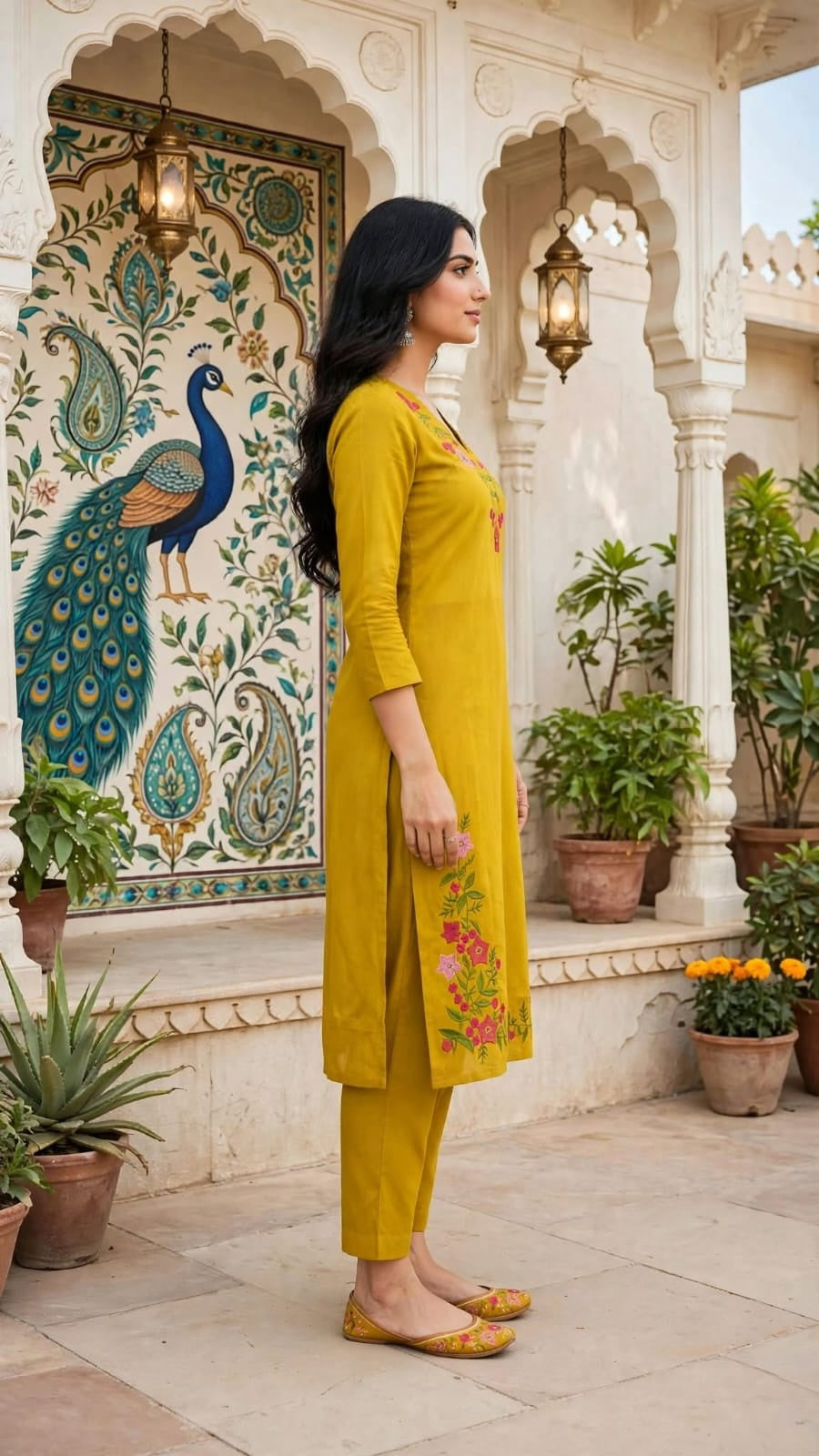 Side view of mustard yellow straight-cut embroidered kurta and trousers