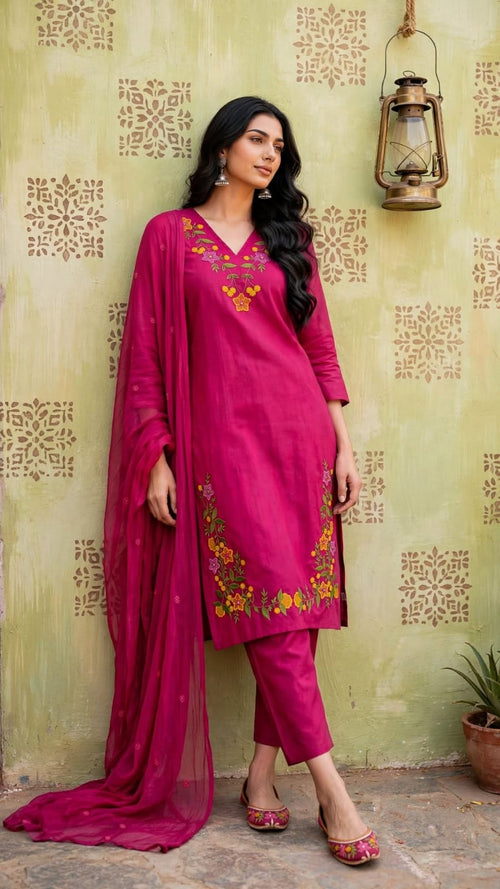 Woman wearing a fuchsia pink floral embroidered kurta set