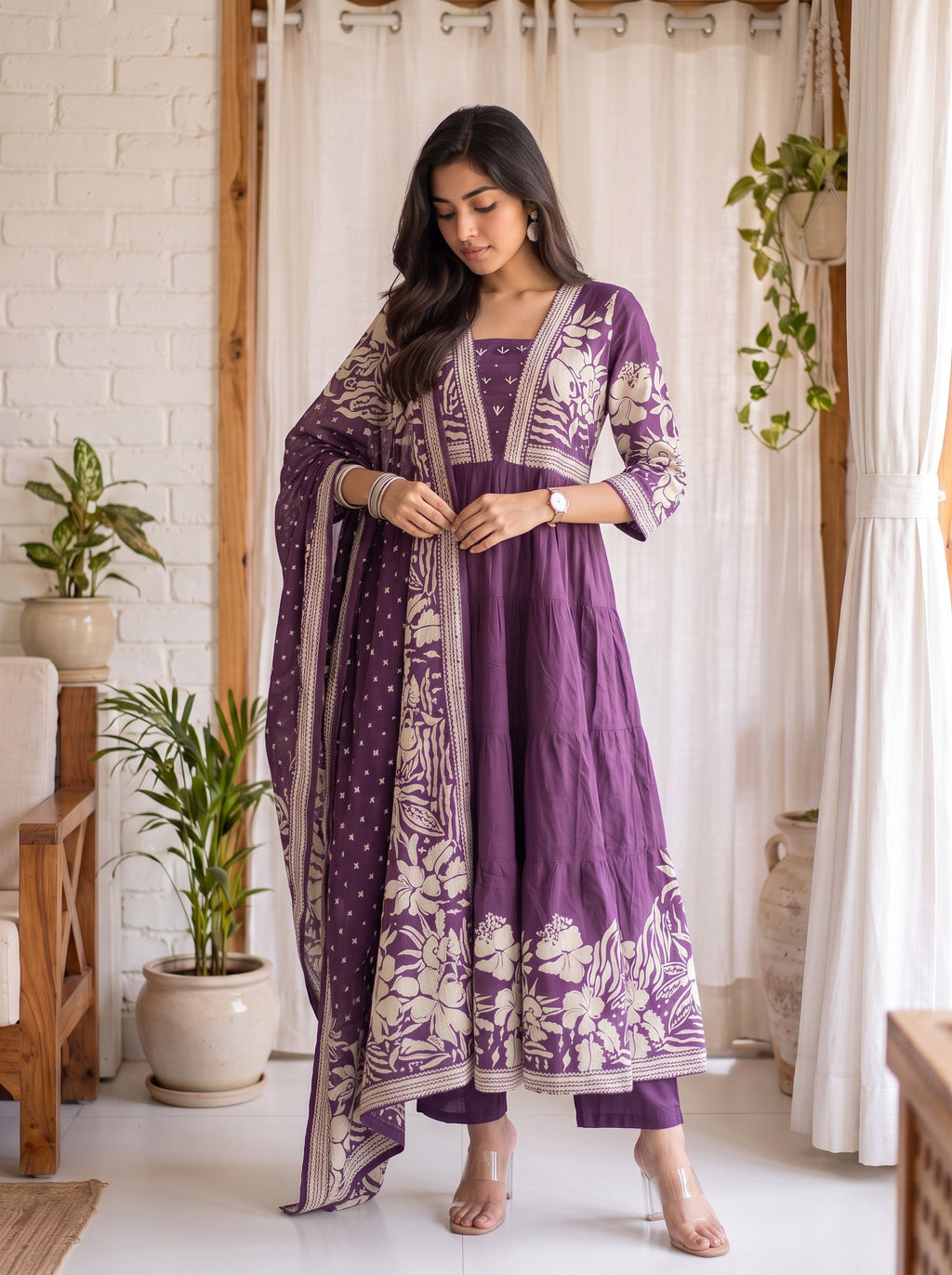 Purple Bloom – Printed Anarkali Kurta Pant with Dupatta Set