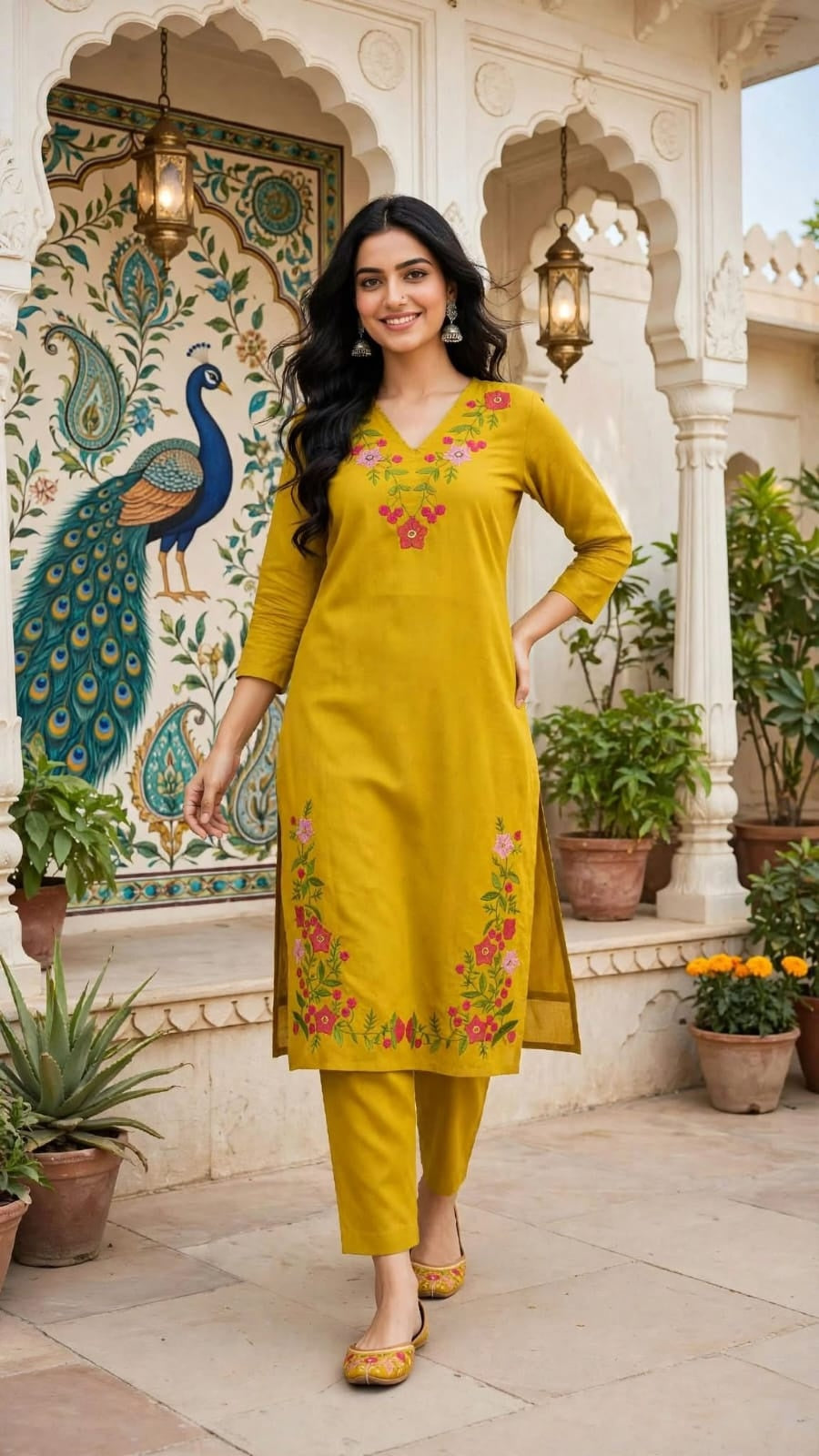 Woman wearing a mustard yellow floral embroidered kurta with trousers