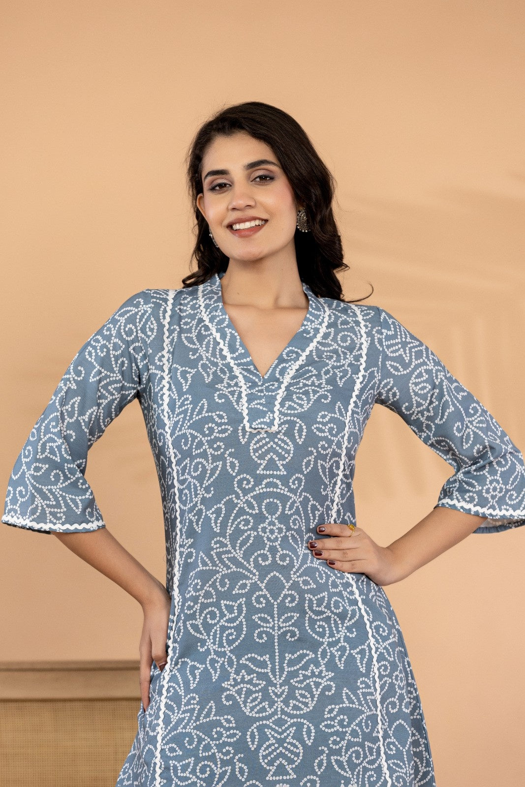 VIHIRO Women's Grey Muslin Printed Co-Ord Set | V-Neck Flared Kurti with Straight Pants