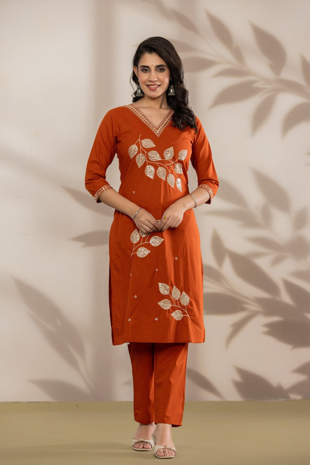 VIHIRO Luxe Rust Embroidered Kurta Set with Dupatta