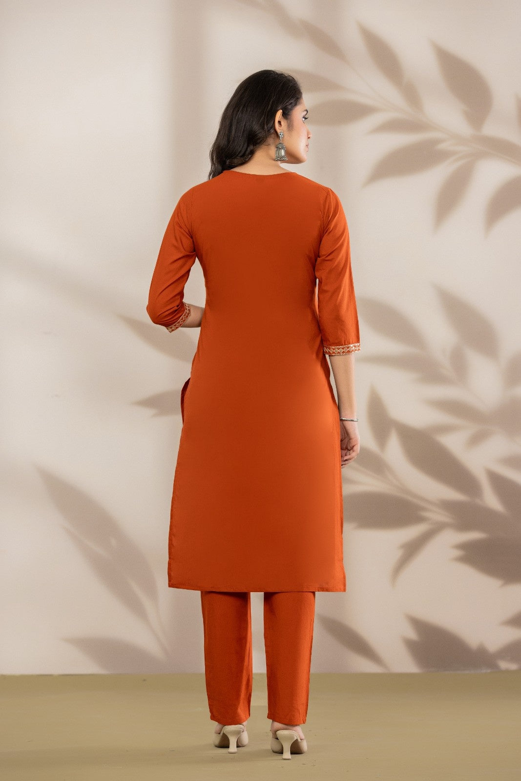 VIHIRO Luxe Rust Embroidered Kurta Set with Dupatta