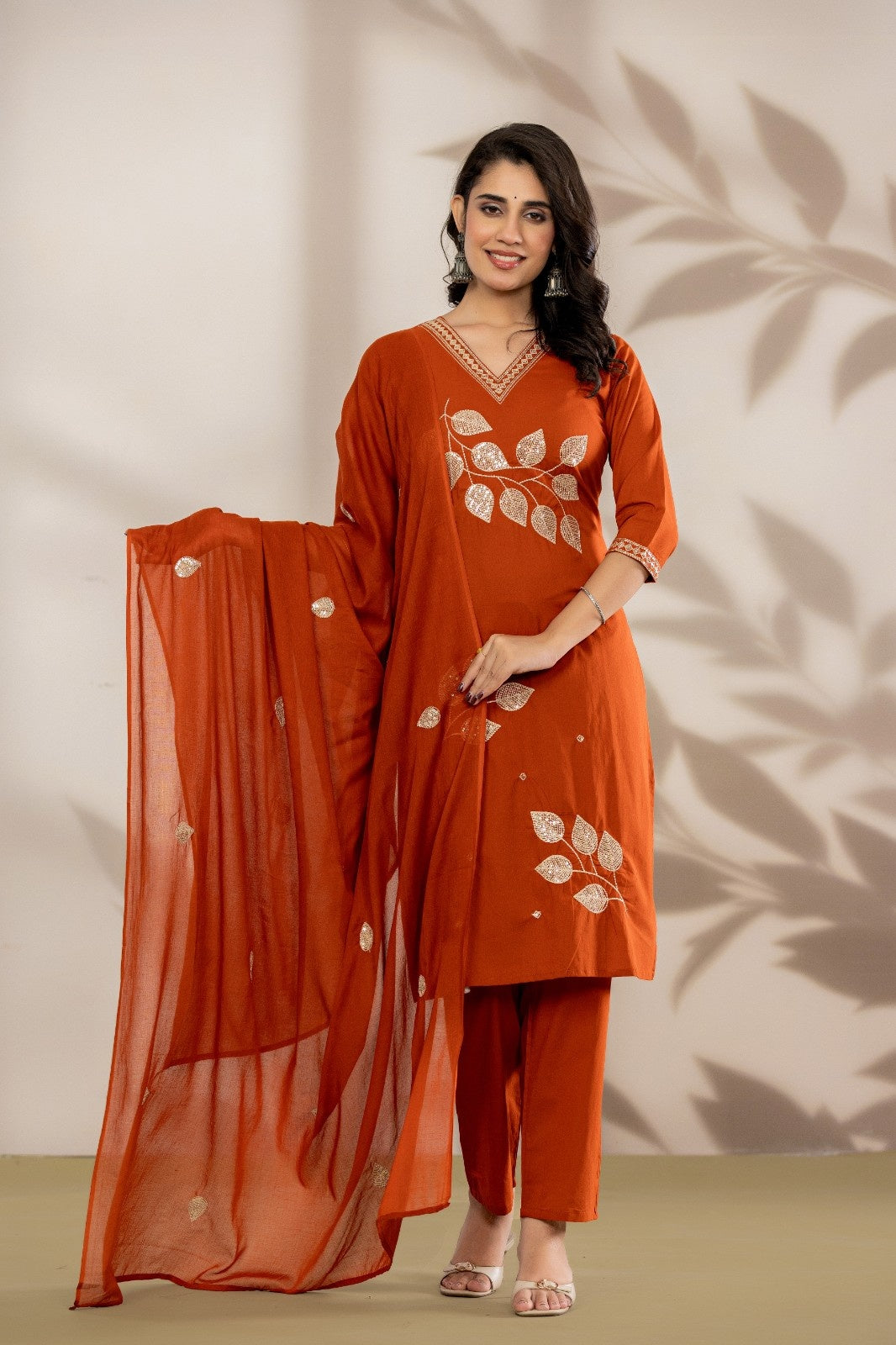 VIHIRO Luxe Rust Embroidered Kurta Set with Dupatta