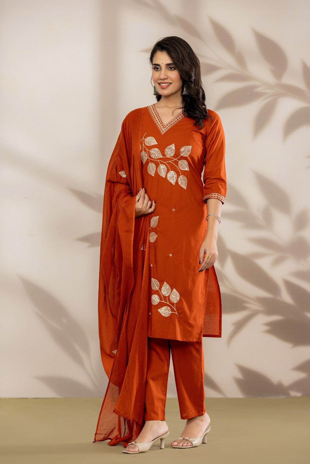VIHIRO Luxe Rust Embroidered Kurta Set with Dupatta