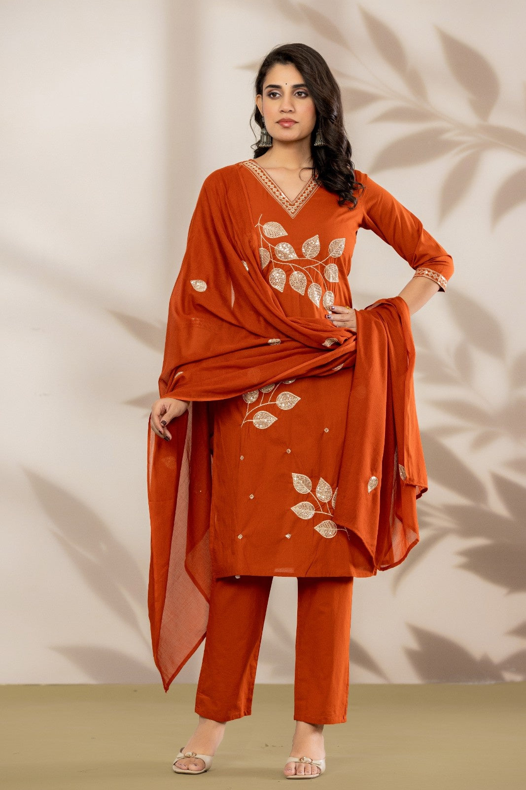 VIHIRO Luxe Rust Embroidered Kurta Set with Dupatta