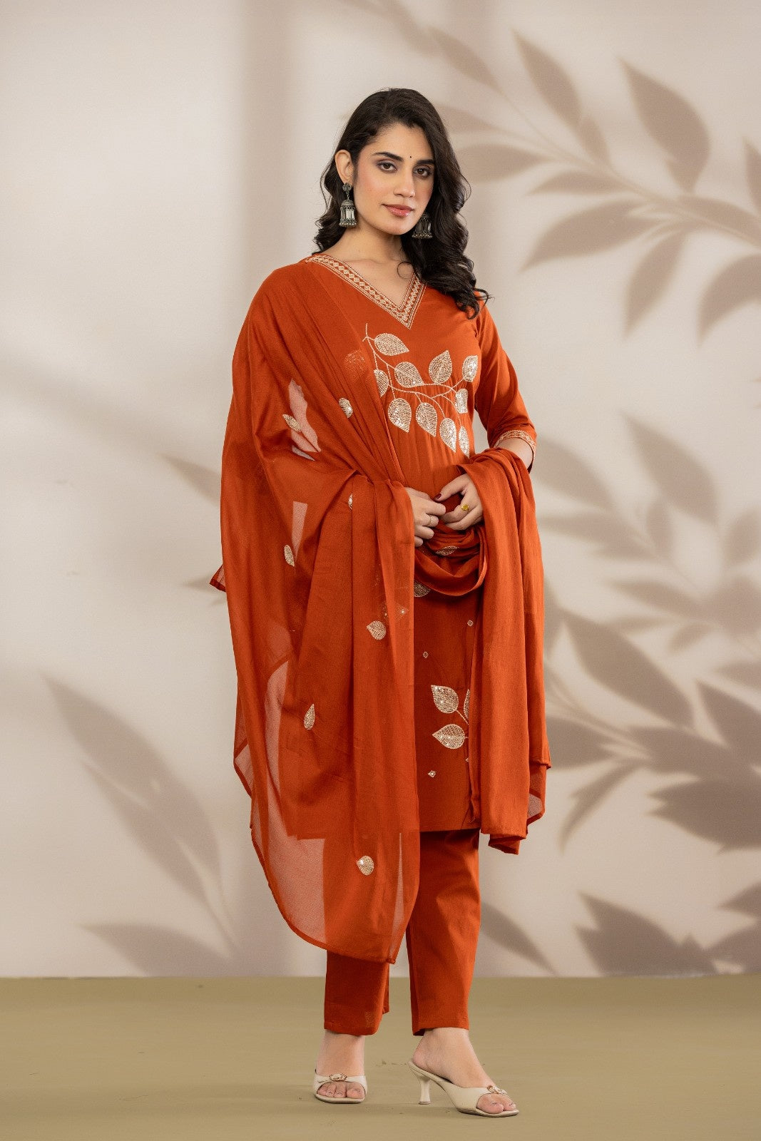 VIHIRO Luxe Rust Embroidered Kurta Set with Dupatta