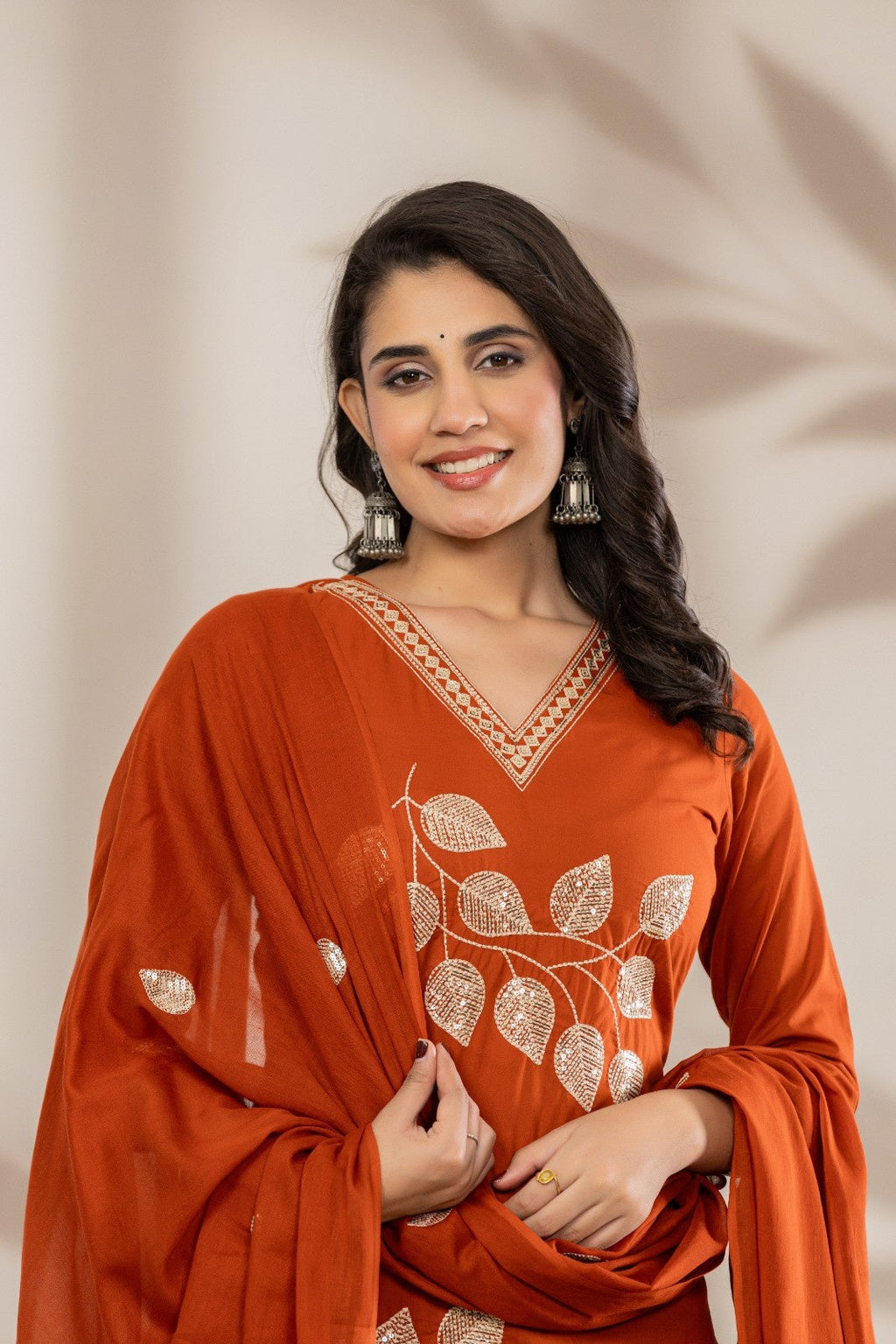 VIHIRO Luxe Rust Embroidered Kurta Set with Dupatta