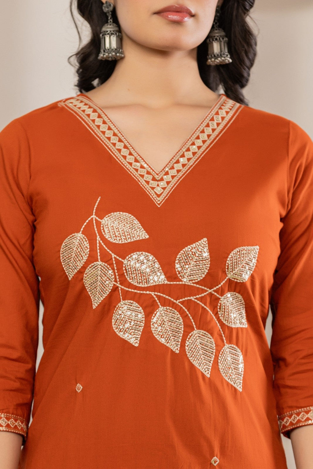 VIHIRO Luxe Rust Embroidered Kurta Set with Dupatta