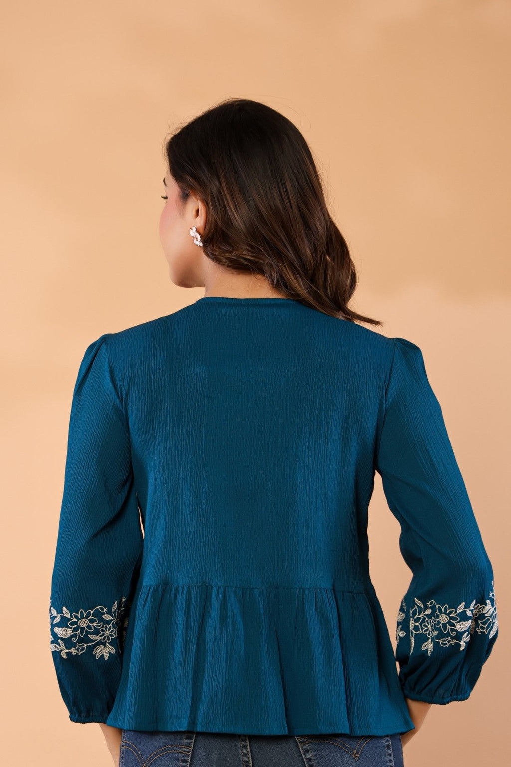 Women Teal Blue Floral Embroidered Peplum Top