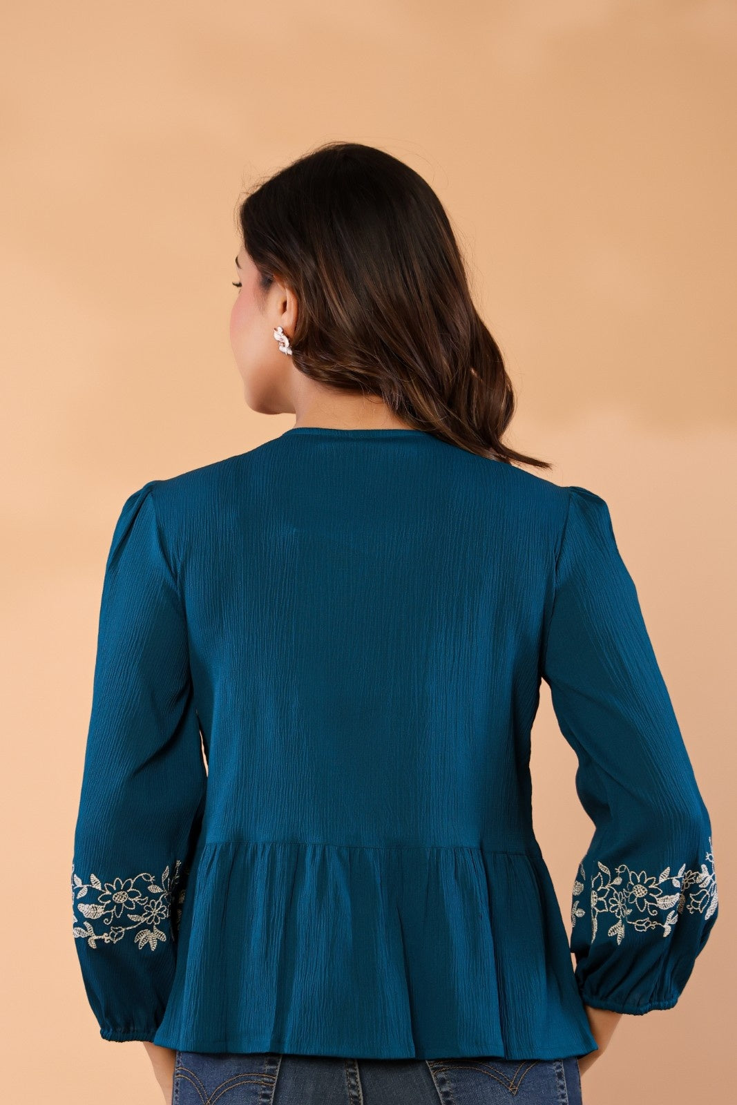 Women Teal Blue Floral Embroidered Peplum Top