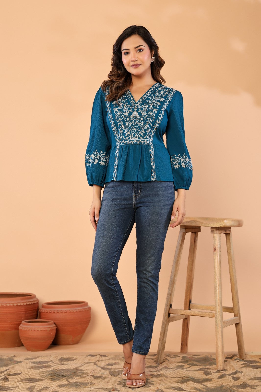 Women Teal Blue Floral Embroidered Peplum Top