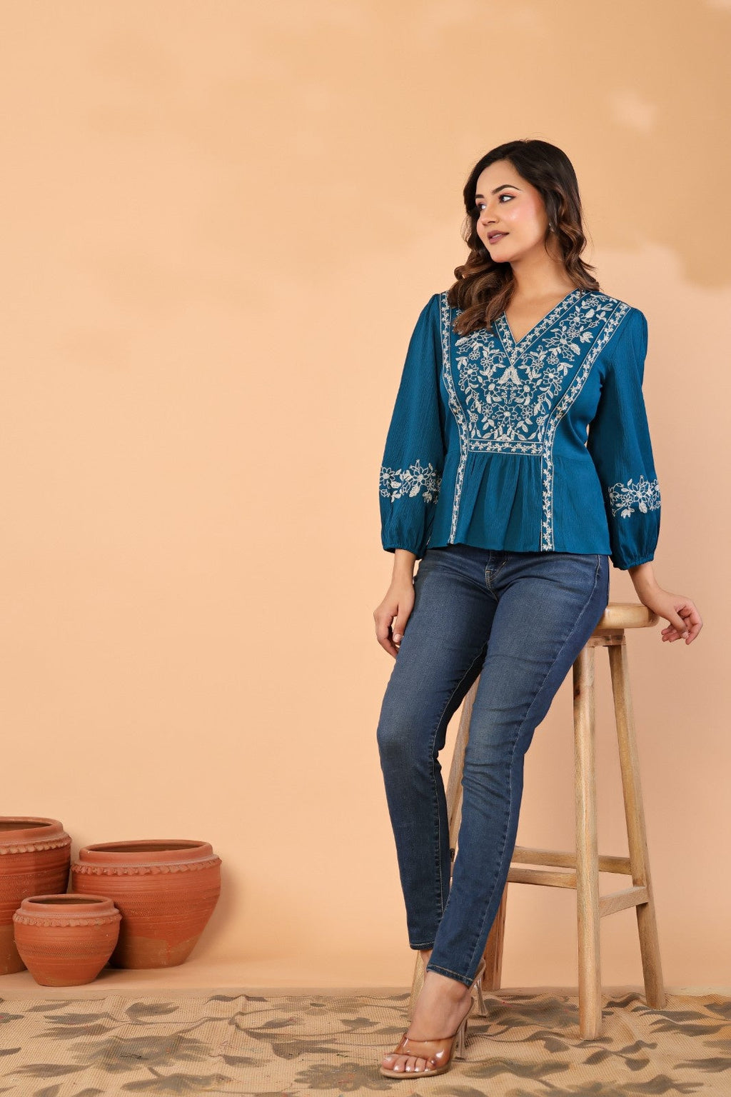 Women Teal Blue Floral Embroidered Peplum Top