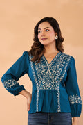 Women Teal Blue Floral Embroidered Peplum Top