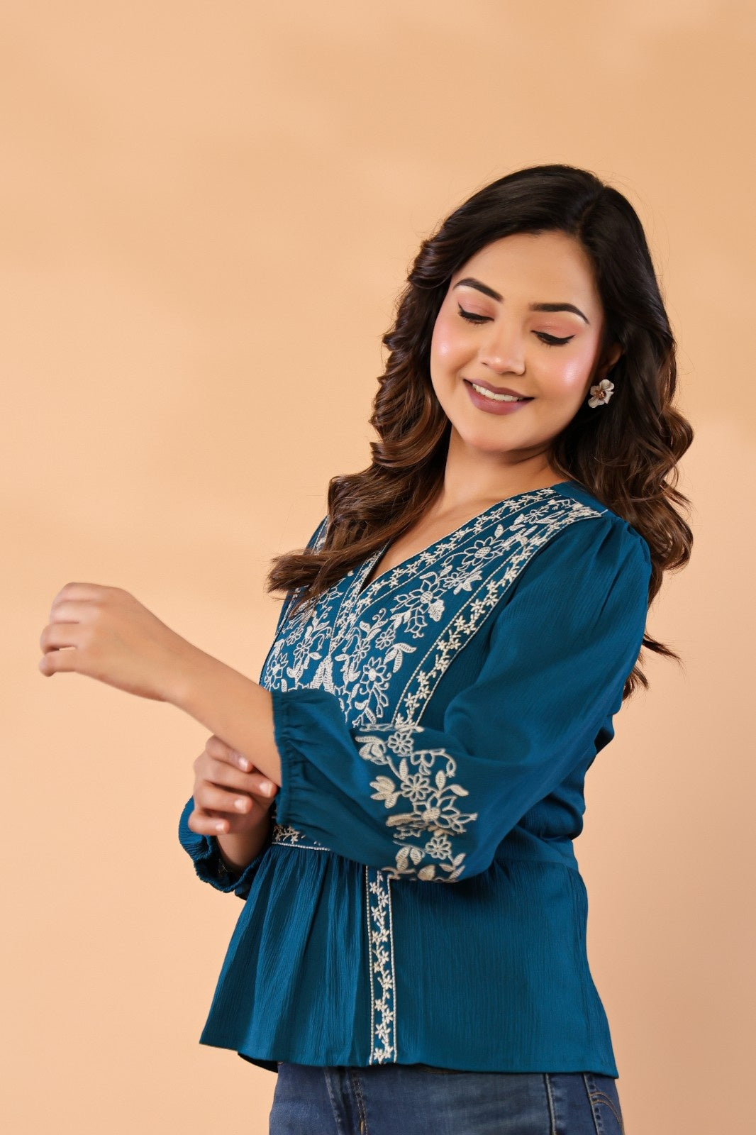 Women Teal Blue Floral Embroidered Peplum Top