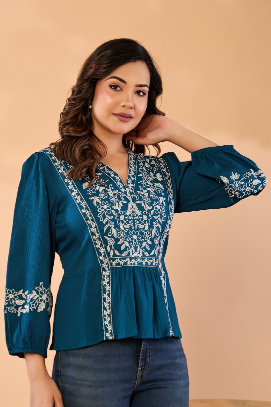 Women Teal Blue Floral Embroidered Peplum Top