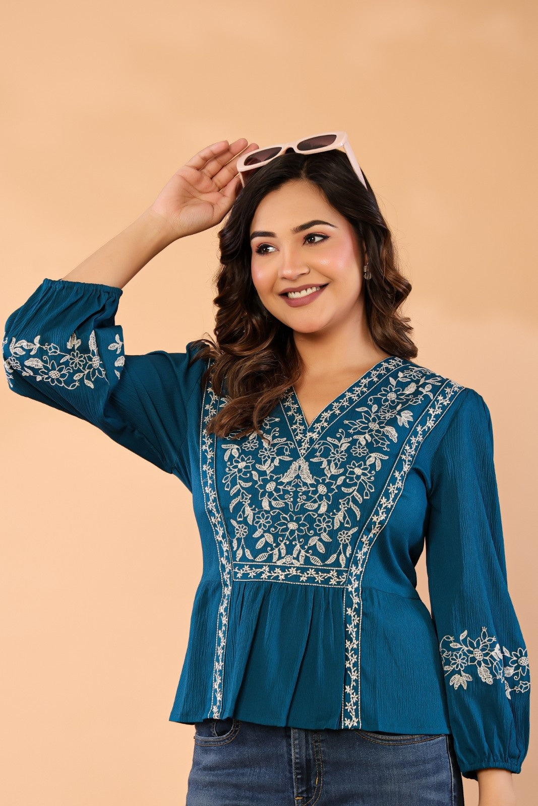 Women Teal Blue Floral Embroidered Peplum Top