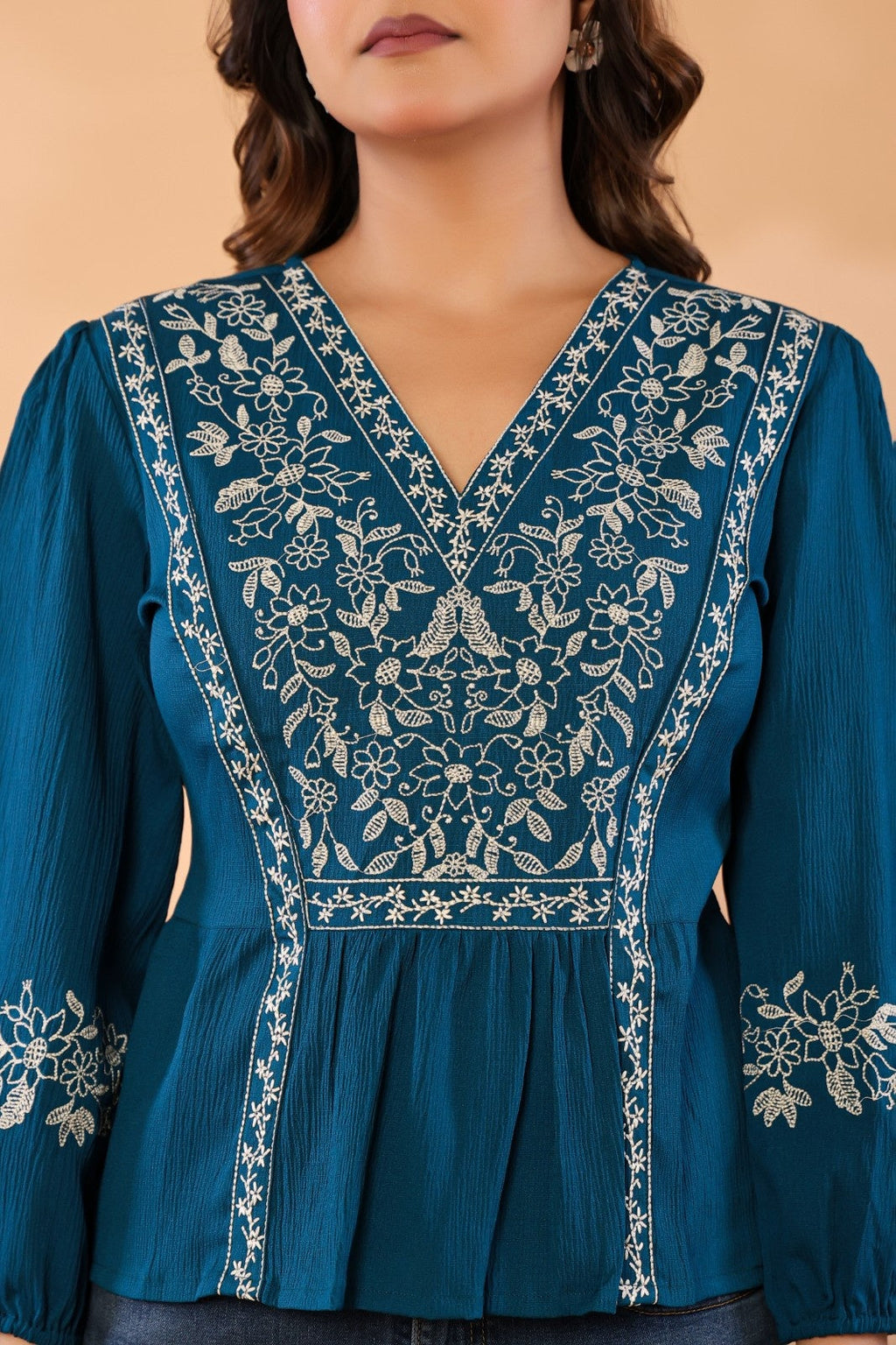 Women Teal Blue Floral Embroidered Peplum Top