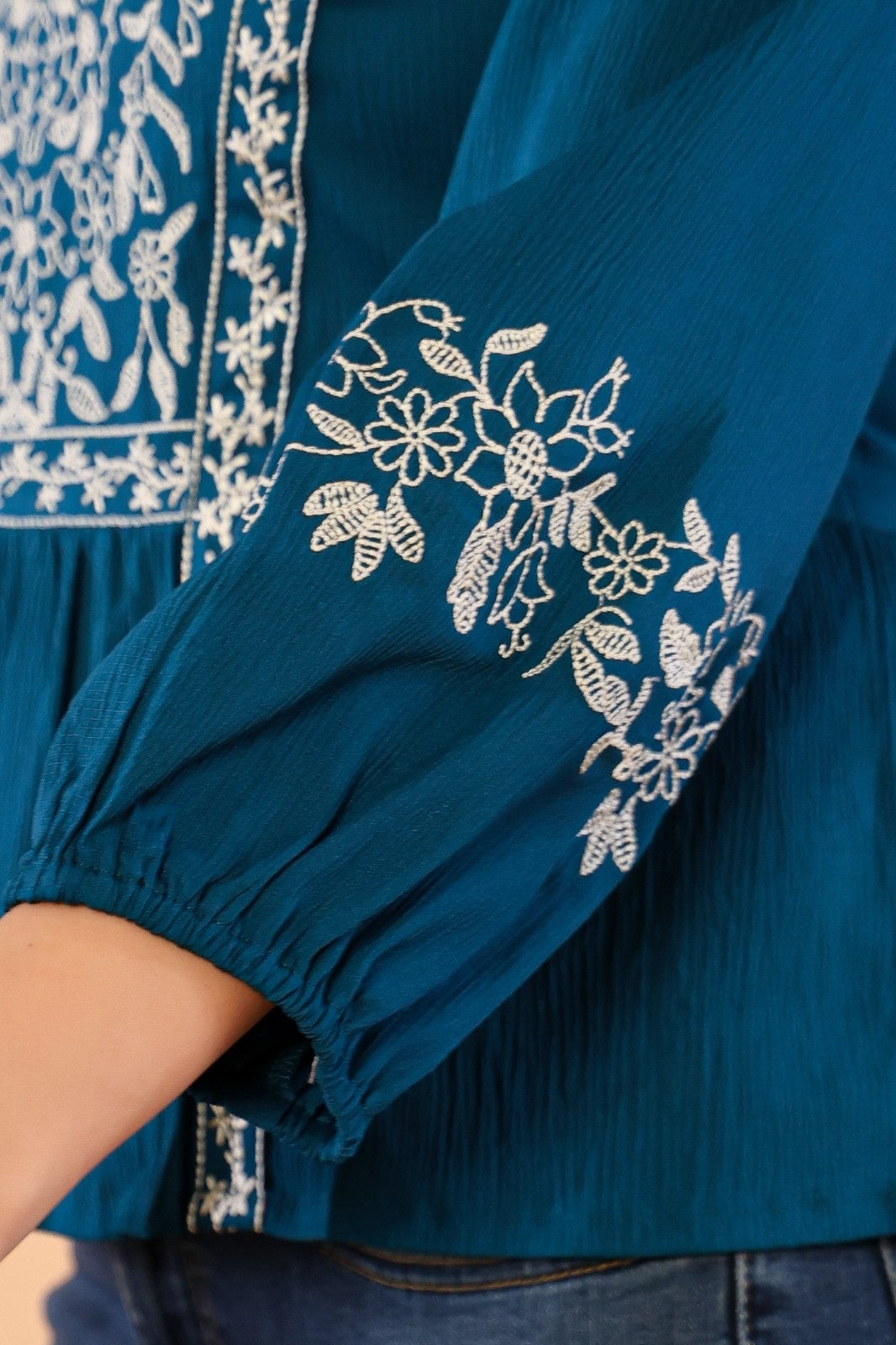 Women Teal Blue Floral Embroidered Peplum Top
