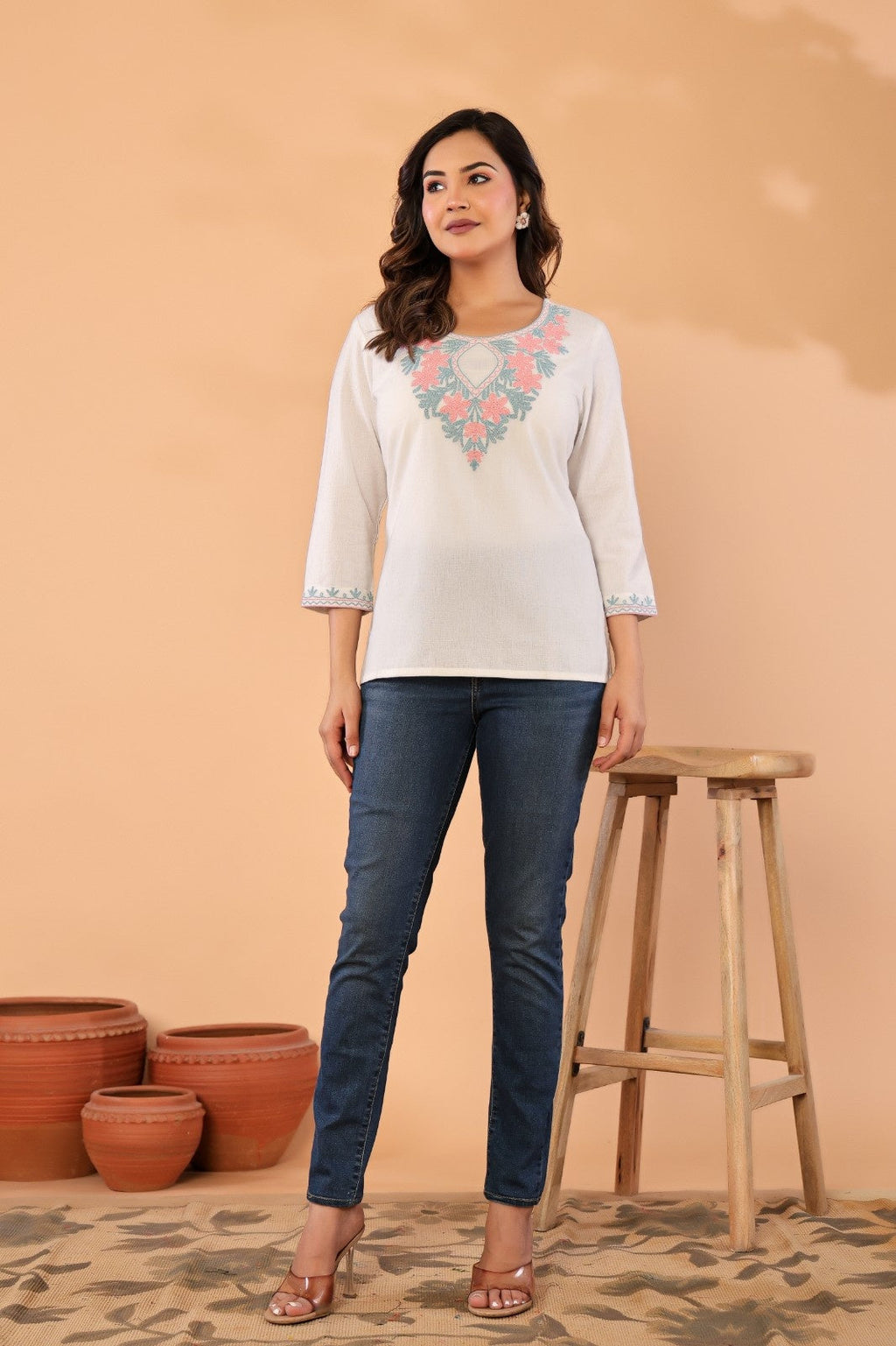 Ivory Petals – Cotton Flex Floral Embroidered Top