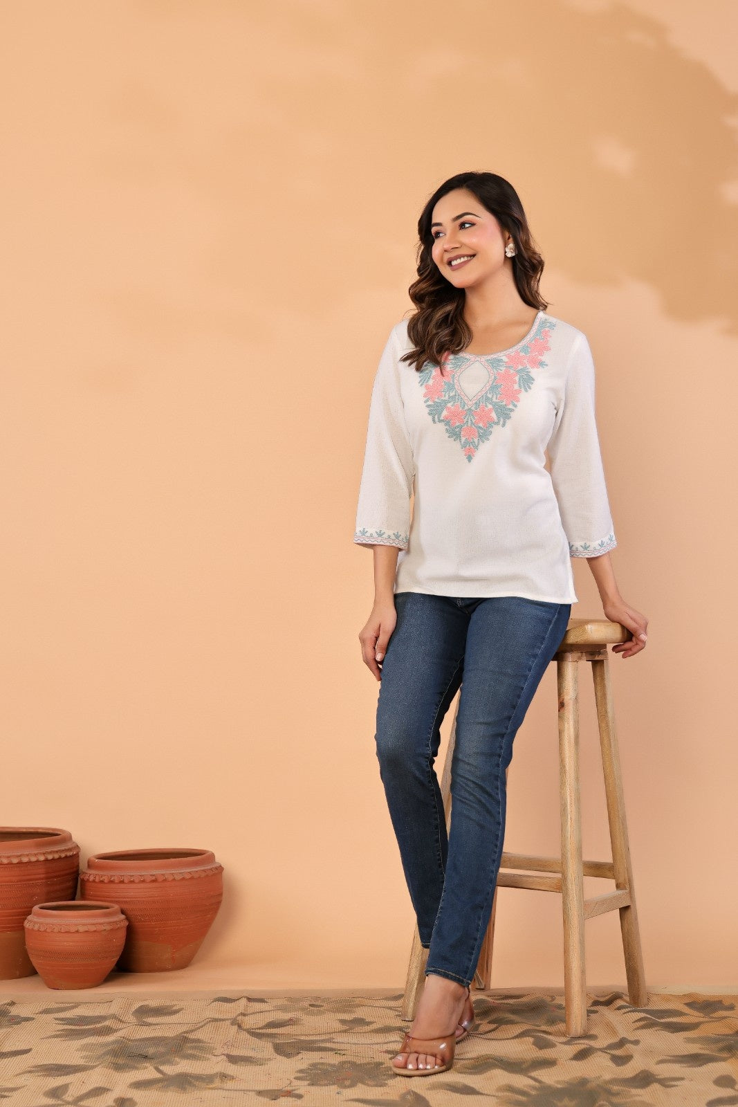 Ivory Petals – Cotton Flex Floral Embroidered Top